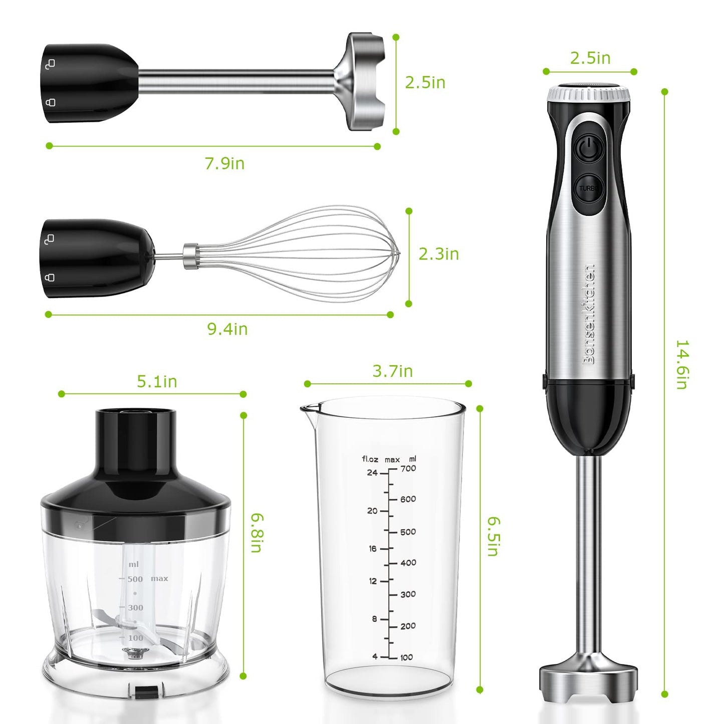 Bonsenkitchen 4-in-1 Immersion Blender Handheld, 20 Speeds Hand Blender with Turbo Mode, Stainless Steel Blade, Egg Whisk, Beaker & Chopper Bowl, Stick Mixer for Soup，Smoothie，Puree，Baby Food