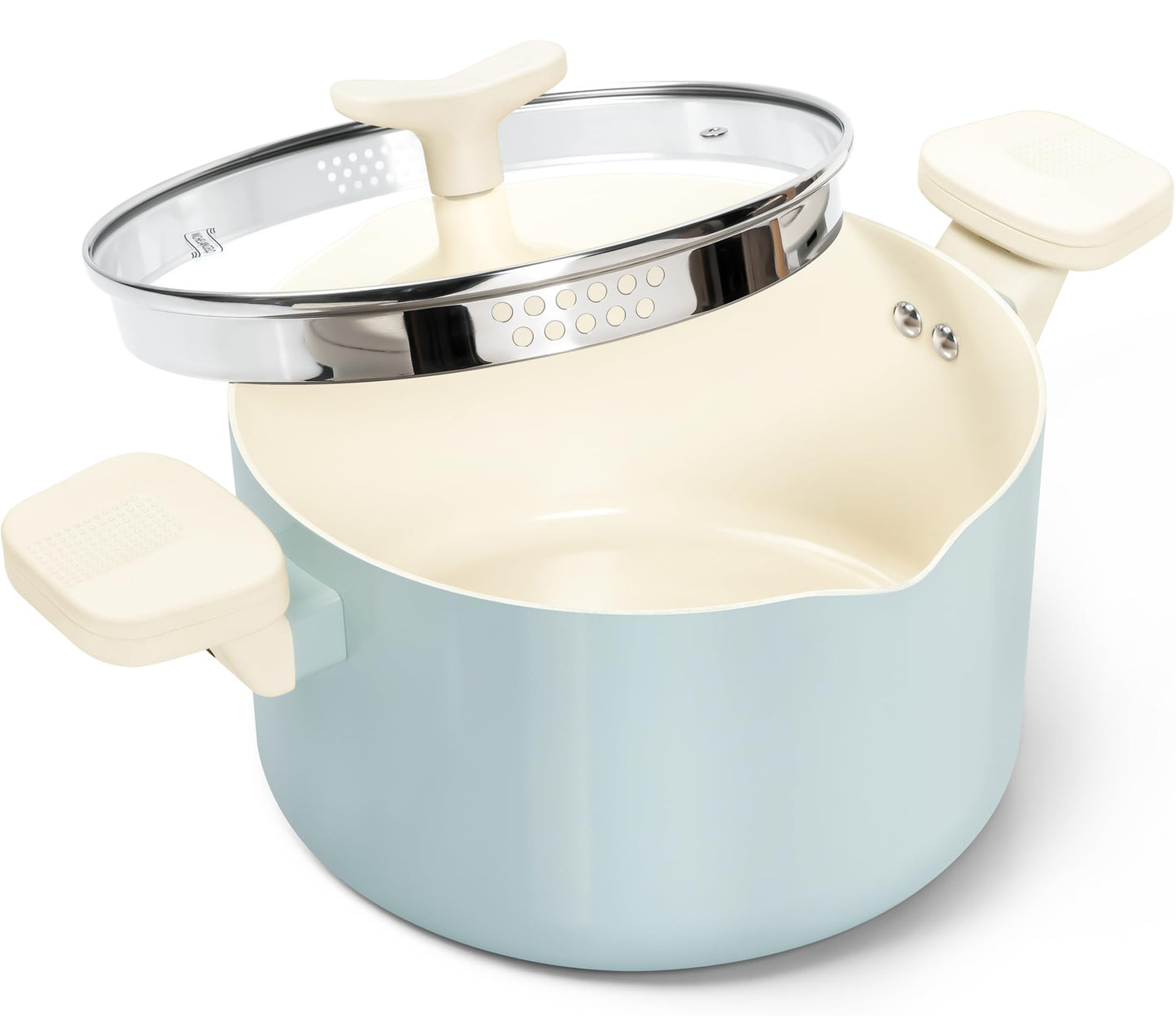 MICHELANGELO Pasta Pot with Strainer Lid - 6 Quart Cooking Pot with Lid, Non Stick Spaghetti Pot Ceramic Coated with Twist and Lock Handles for Easy Draining, Induction Compatible, Soft Aqua