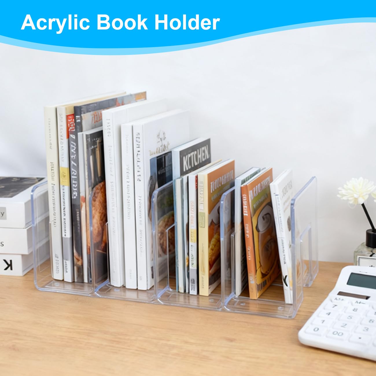 Marte Vanci Clear Acrylic File Sorter, Sturdy Desk File Organizer Shelf Book Holder Purse Handbag Clutch Divider File Folder Rack for Letter Cookbooks Home Office Kitchen Supplies 4 Sections (4 Pack)