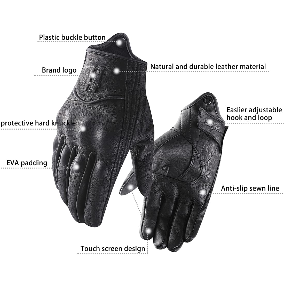 Harssidanzar Mens Winter Warm GoatSkin Leather TouchScreen Motorcycle Gloves GM041CA, Black (Fleece Lined), Size M
