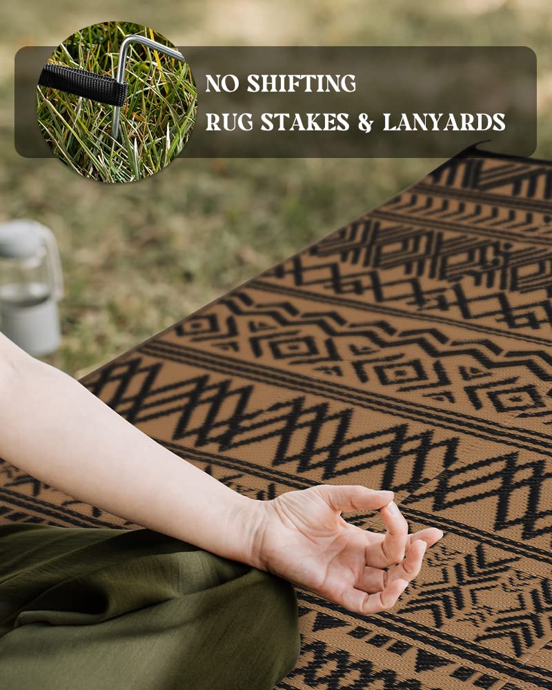 MontVoo-Outdoor Rug 8x10ft Waterproof Outdoor Carpet Patio RV Camping Rug-Outdoor Area Rug Mat for Portable Boho Rugs Deck Picnic Backyard Porch Beach Black Brown