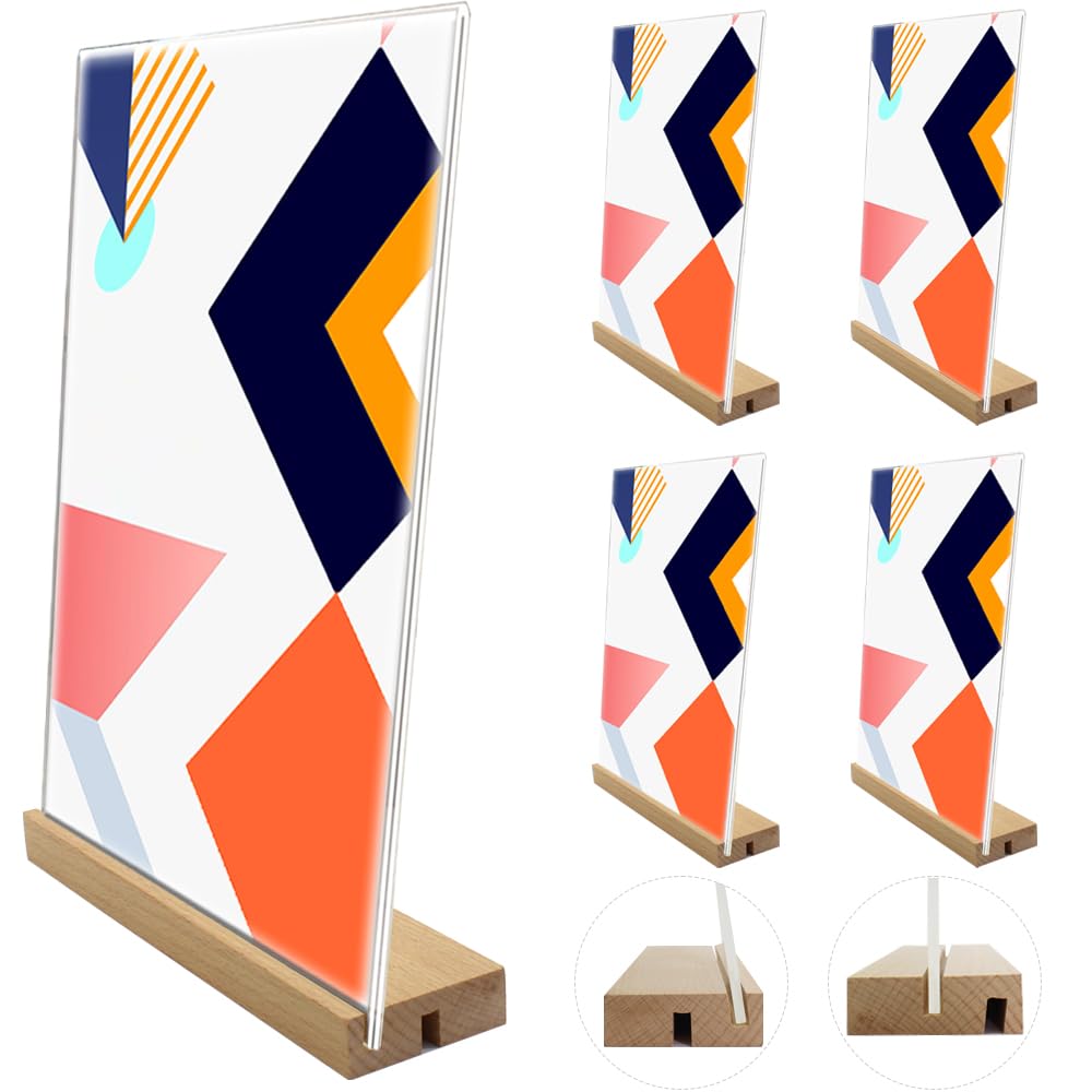 8.5 x 11 Acrylic Sign Holder with Wood Base 5 Pack L/T Shape Vertical or Slant Back Display for Wedding, Restaurant, Office, Hotel