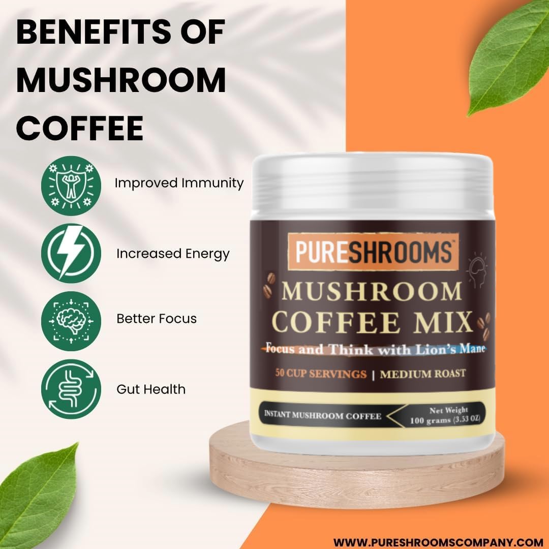 PureShrooms Focus & Think Mushroom Coffee with Ultra Concentrated Lion's Mane Mushroom, L-theanine - Vegan and Keto-Friendly (100 grams)