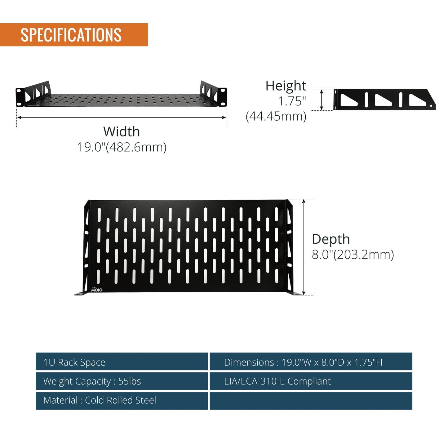 Tecmojo Server Rack Shelf, 1U Rack Shelf 8in Depth, Rack Mount Shelf with Anti-Slip Stops, 55lbs Weight Capacity of Vented Network Rack Shelf for Data/AV/IT/Audio Racks, no Lip(2 Pack)