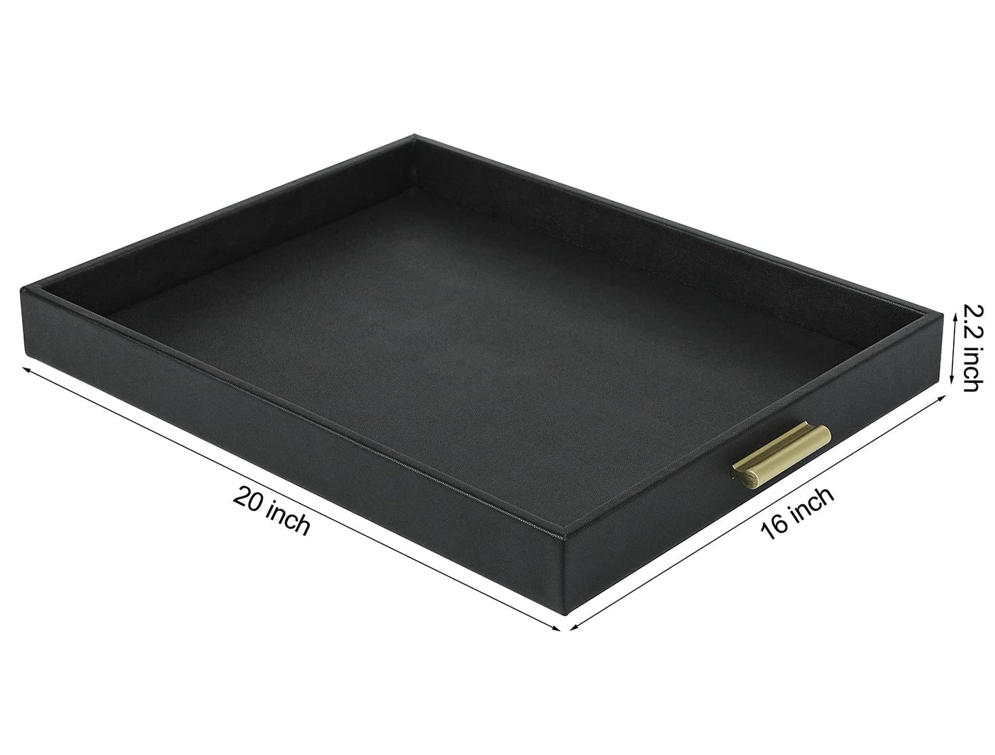 HofferRuffer Extra Large Serving Tray with Handles, Elegant Faux Leather Storage Decorative Tray for Coffee Table, Ottoman, Console Table, 20 x 16 x 2.2 inches (Black Tray+Golden Handle)