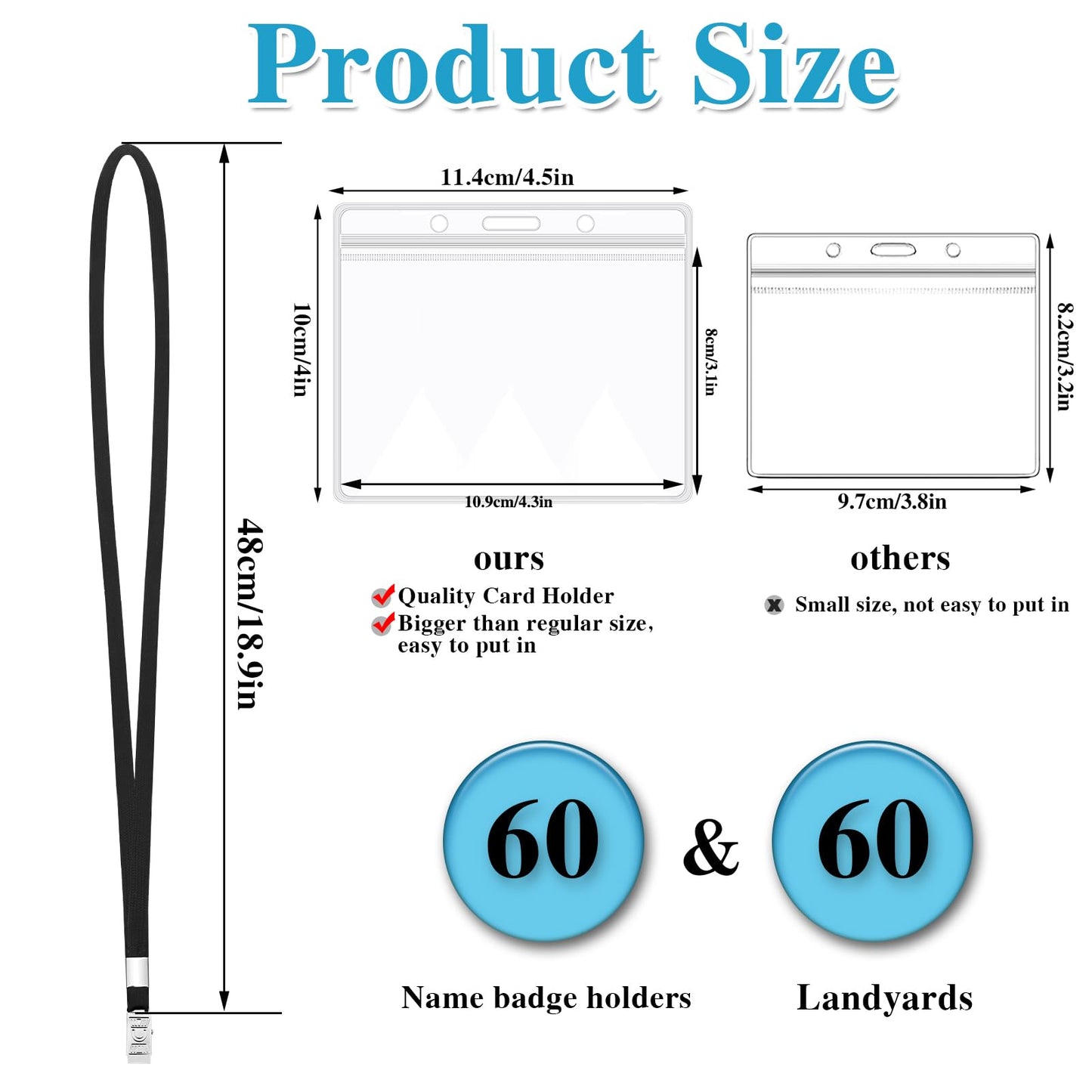 120 PCS Lanyard with ID Holder, Neck Strap Lanyard with Badge Holder Include 60 PCS Clear Plastic Horizontal Name Tag Holder with 60 PCS Black Neck Badge Lanyards for Office School(Black)
