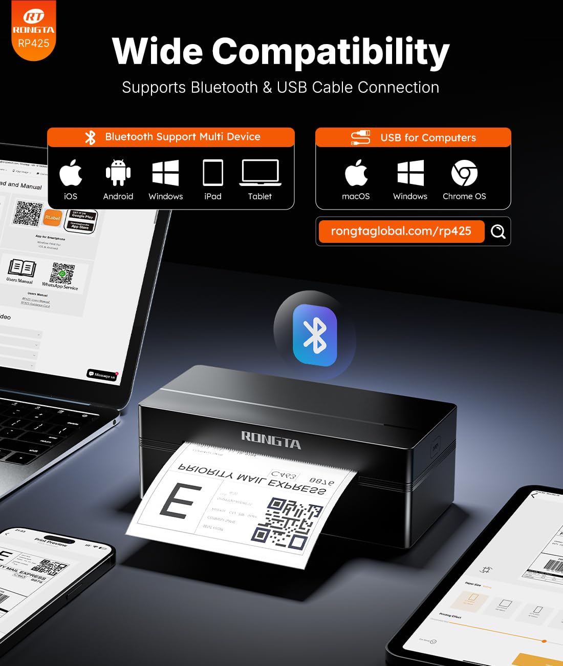 Rongta Bluetooth Shipping Label Printer, Wireless 4x6 Thermal Label Printer for Shipping Packages, Support Android, iPhone, Widely Used for Amazon, Shopify, Etsy, UPS, Black
