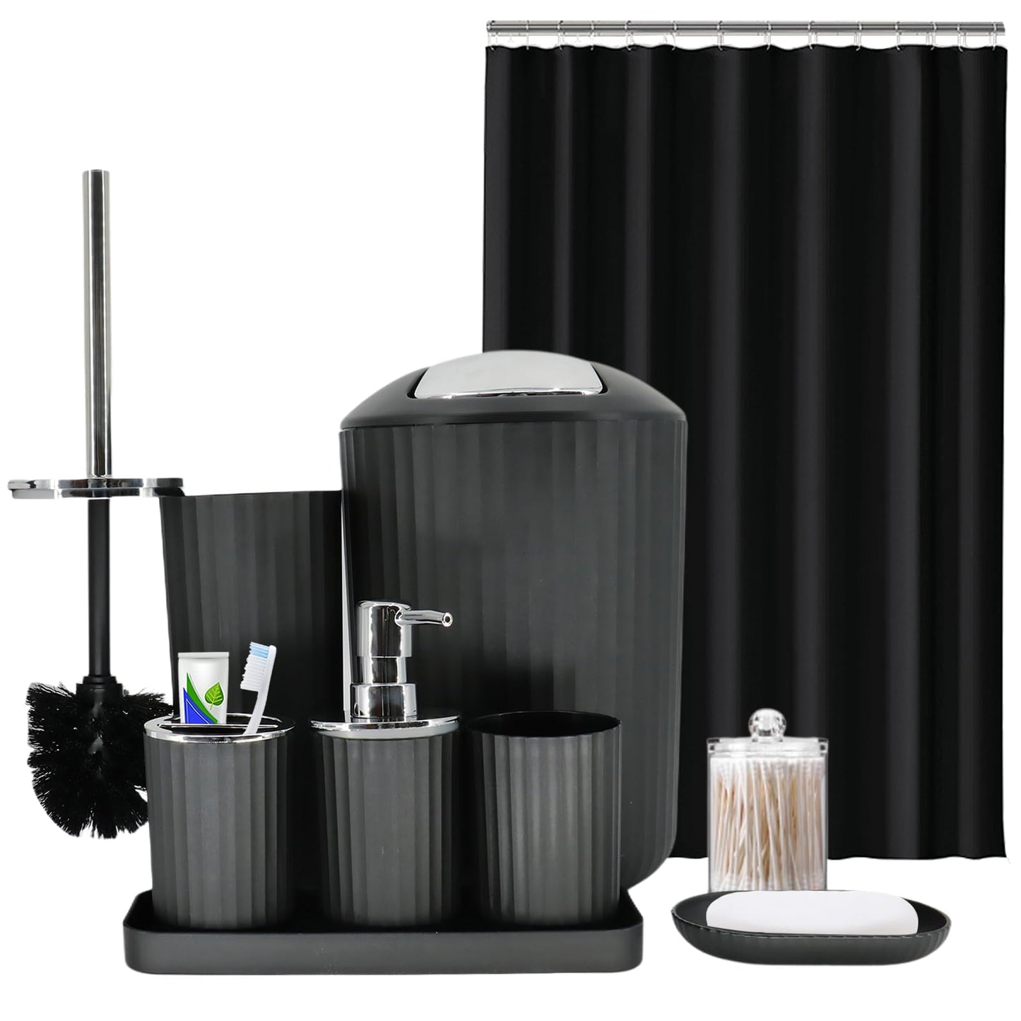 Black Bathroom Accessories Set, 9-Piece Bathroom Accessory Sets Complete with Trash Can,Shower Curtain, Vanity Tray, Soap Dispenser (Black)