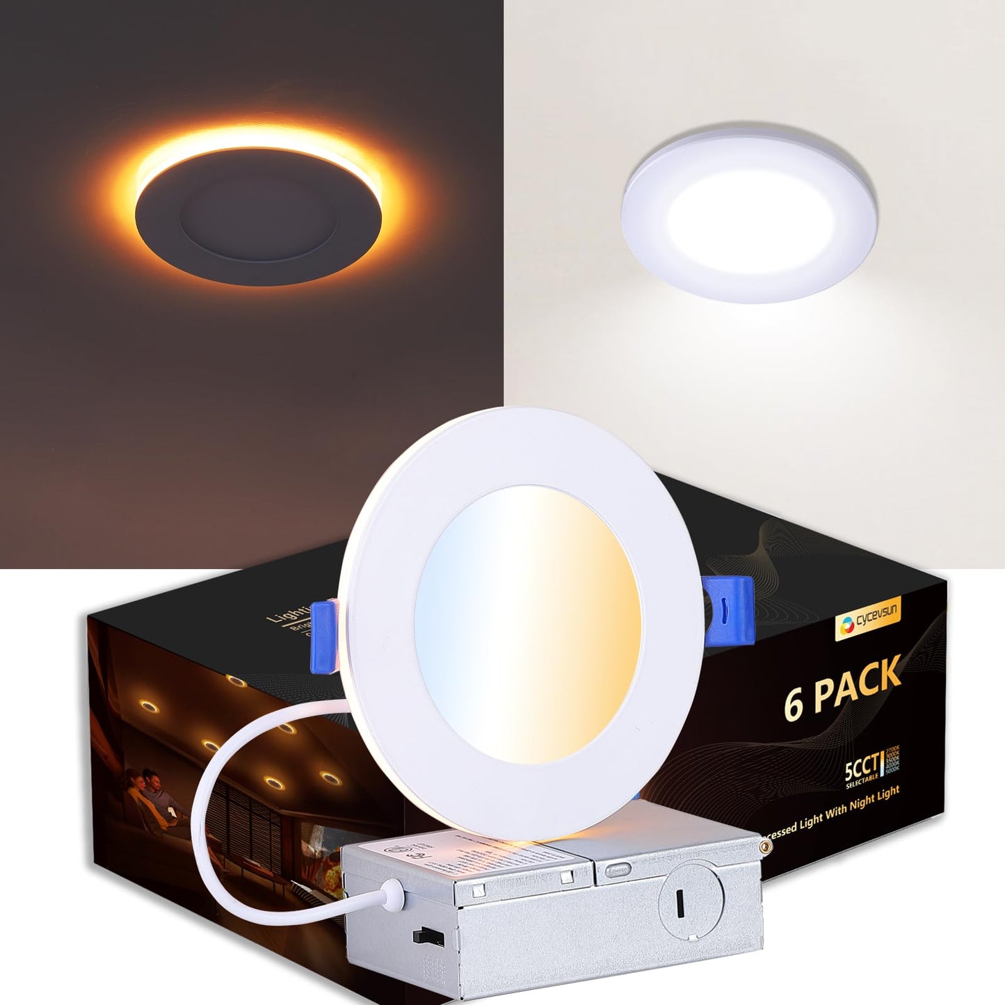 CycevSun Pot Lights LED 4 inch Slim Recessed Lighting with Night Light, Dimmable & 5CCT Selectable, Lumiere Encastre Plafond, Downlight Panel 9W, cETL, 6 Pack