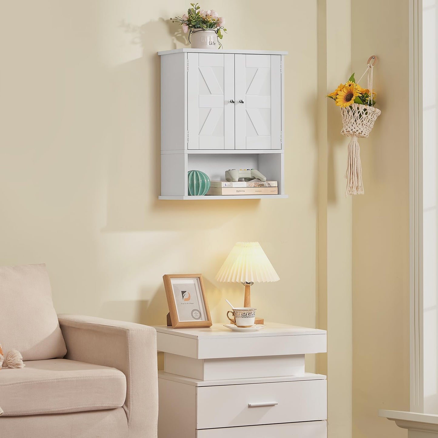 FIONESO Small Bathroom Wall Cabinet, Bathroom Cabinet with Barn Doors & Adjustable Shelf, Over the Toilet Storage Cabinet, Medicine Cabinet, for Laundry Room, 18D x 39W x 49H cm, White