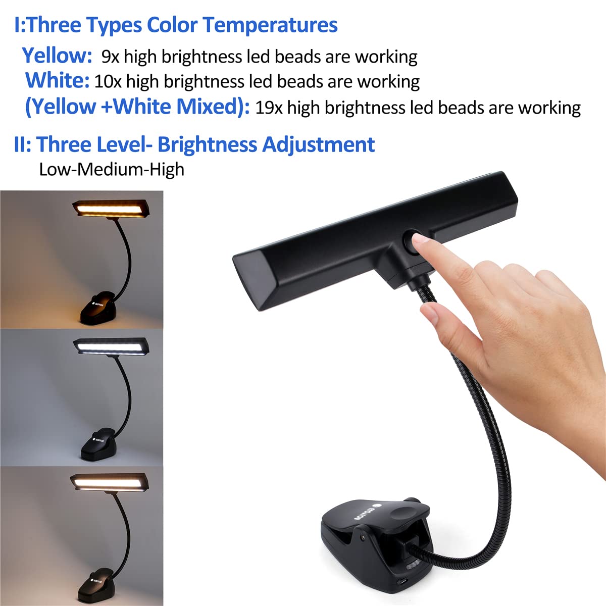 Rechargeable Music Stand Light, 19 LEDs Clip On Reading Light - 3 Level Brightness Settings, Color Temperature Optional (Warm/Cool White/Natural Light Color), Perfect for Piano, Reading,Working