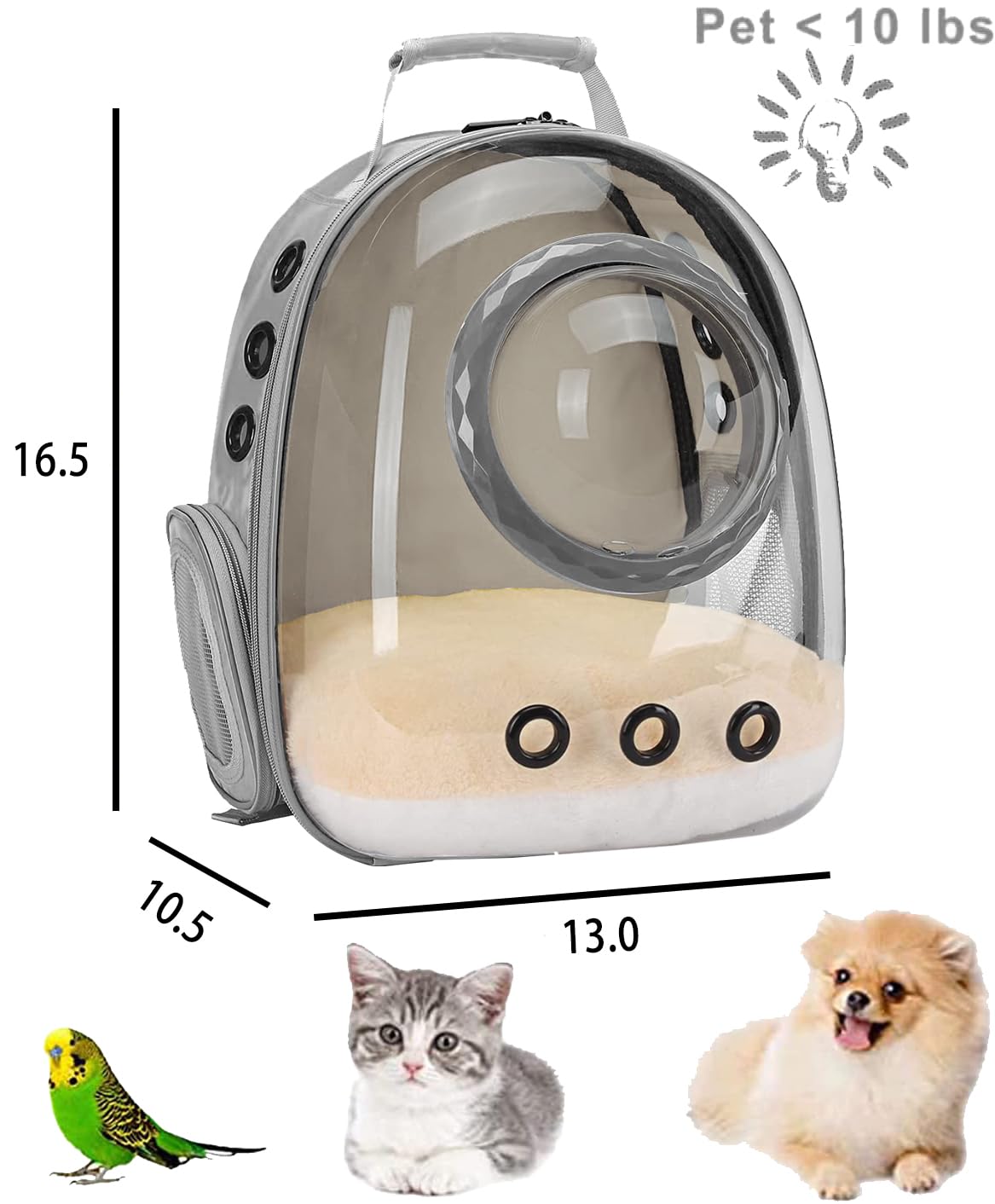 Space Capsule Astronaut Pet Backpack Carrier for Cat and Small Dog, Clear Bubble Dome Window with Soft Pillow, Airline Approved (Grey)