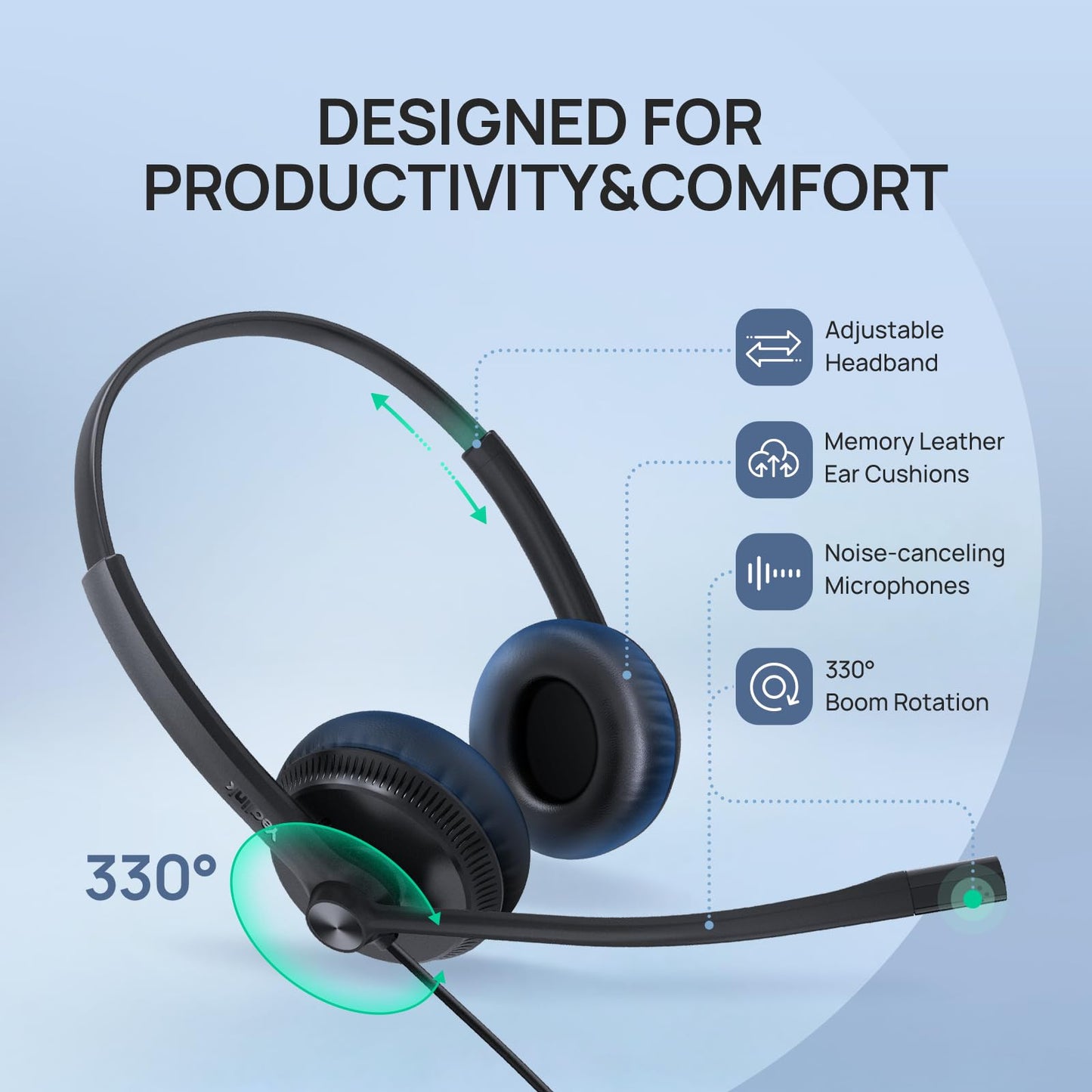 Yealink Phone Headsets for Office Phones YHS34 QD to RJ9 Wired Headset Compatible with Poly Avaya Snom Phones Desk Landline Headset with Microphone -Dual/72g/2.1m Cable