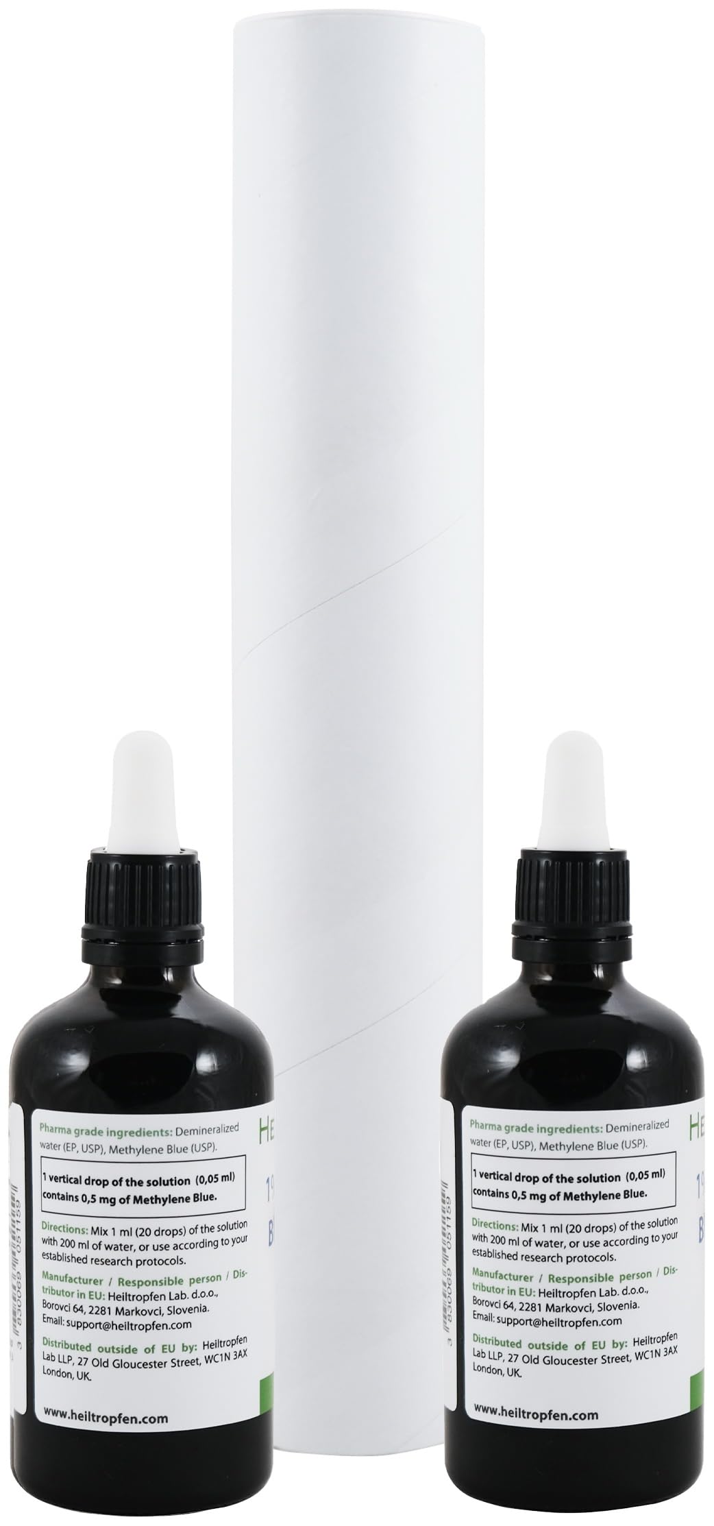 2x Methylene Blue 1% solution | 2x 3.4 Fl Oz - 2x 100 ml | Ultra High Purity | USP Pharma Grade Ingredients - Third-Party Tested | Formaldehyde free | Set of two | Glass Bottle | Heiltropfen®