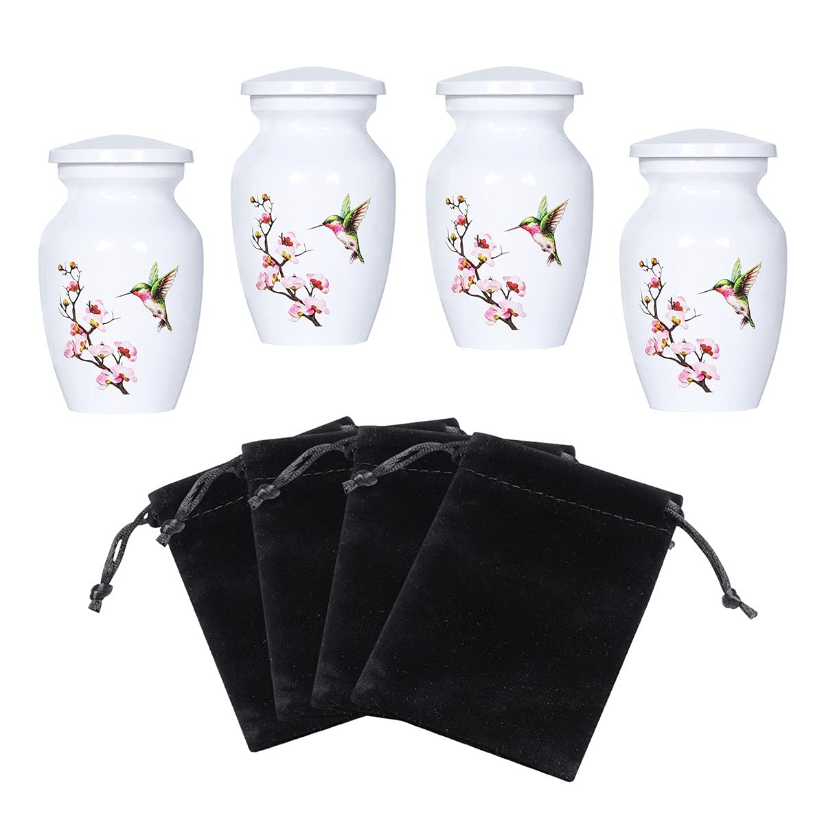 ICOKEE Hummingbird Small Urn for Human or Pet Ashes - Aluminum Cremation Mini Keepsake Set of 4 With Velvet Bags - White Memorial