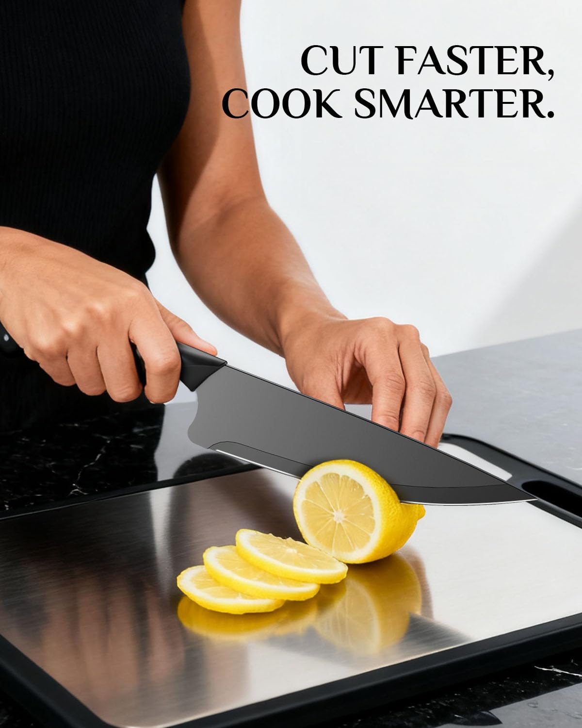 Haugo Kitchen Knife Set with Block: 15-Piece High Carbon Stainless Steel Professional Knives - Dishwasher Safe and Sharpener - Comfortable Grip Reduces Hand Fatigue 30% - Black Knife Set for Cooking