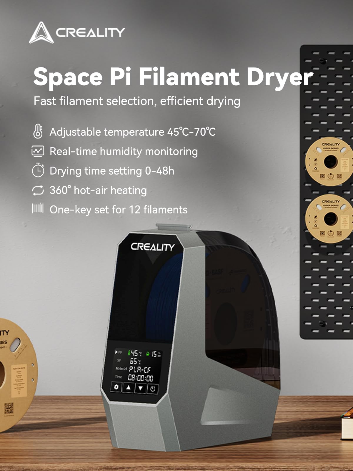 Creality Space Pi Filament Dryer, Filament Storage Box, Upgraded Double 360° Heating Drying with Fan&Touch Screen, 3D Printer Filament Spool Holder, Dehydrator 1.75/2.85/3mm PLA PETG ABS TPU Nylon