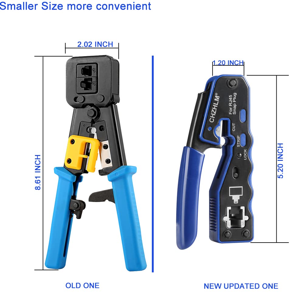 CHZHLM RJ45 Crimping Tool Kit Pass Through Crimper Stripper Cutter All-in-One for Cat5 Cat6 Pass Through Connector with Cable Tester 50Pcs Connectors 50Pcs Covers Mini Stripper and Blades