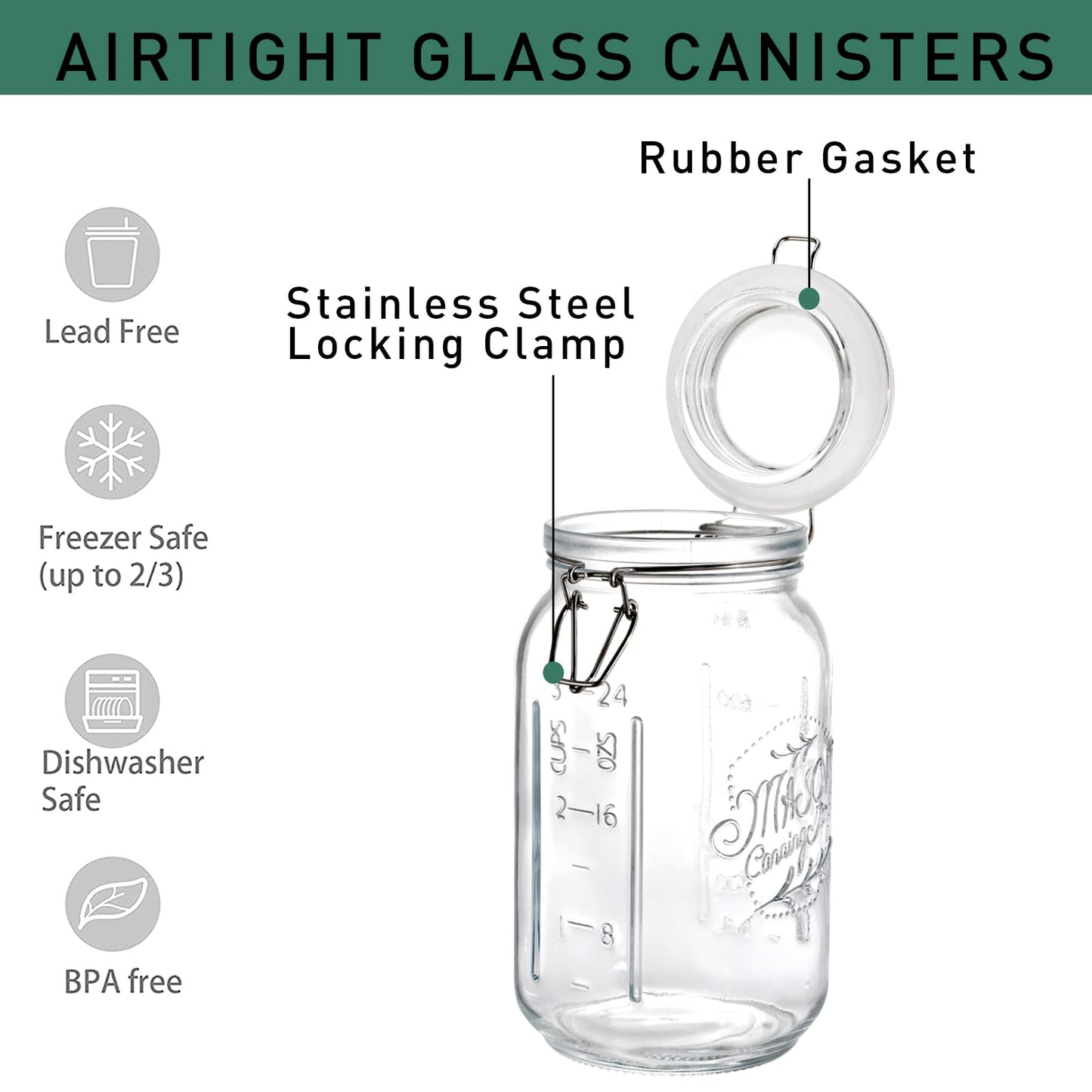 Tebery 4 Pack Clear Wide Mouth Glass Mason Jars with Airtight Clamp Lids, 32Oz Glass Storage Containers Large Kitchen Canisters for Food, Flour, Pasta, Coffee, Candy, Dog Treats, Snacks & More