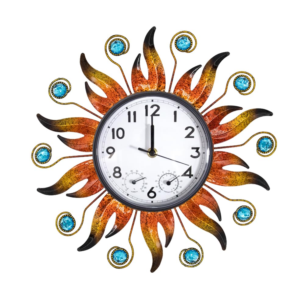 HOBYLUBY Sun Outdoor Clock with Thermometer and Hygrometer Combo, Silent No-Ticking Outdoor Wall Clock, Waterproof Quartz Clock for Patio, Living Room, Kitchen, Garden, 13 Inch