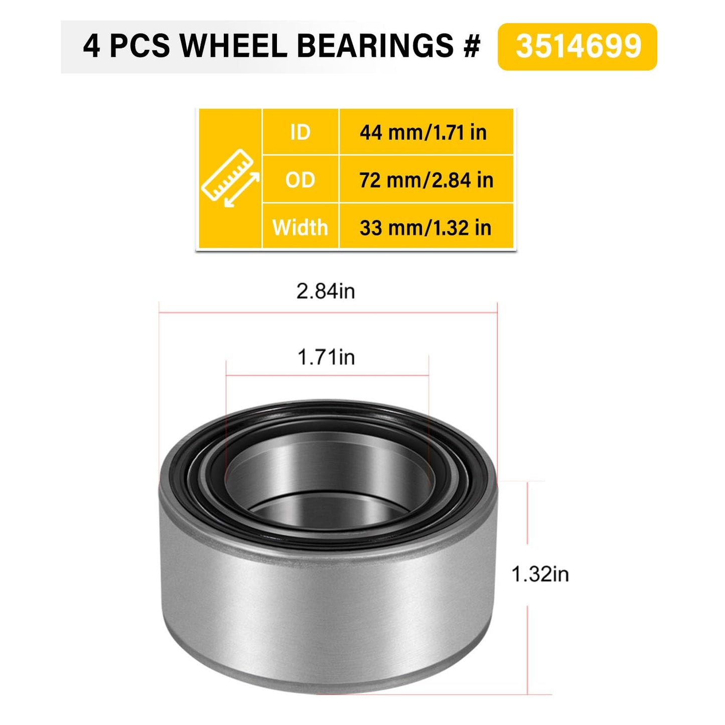 3514699 Front and Rear Wheel Bearings for Polaris RZR XP 900 1000 4 S PRO XP Turbo General Sportsman 2011-2024, Replace 3514822 3514924 3514627 (4 Pack)