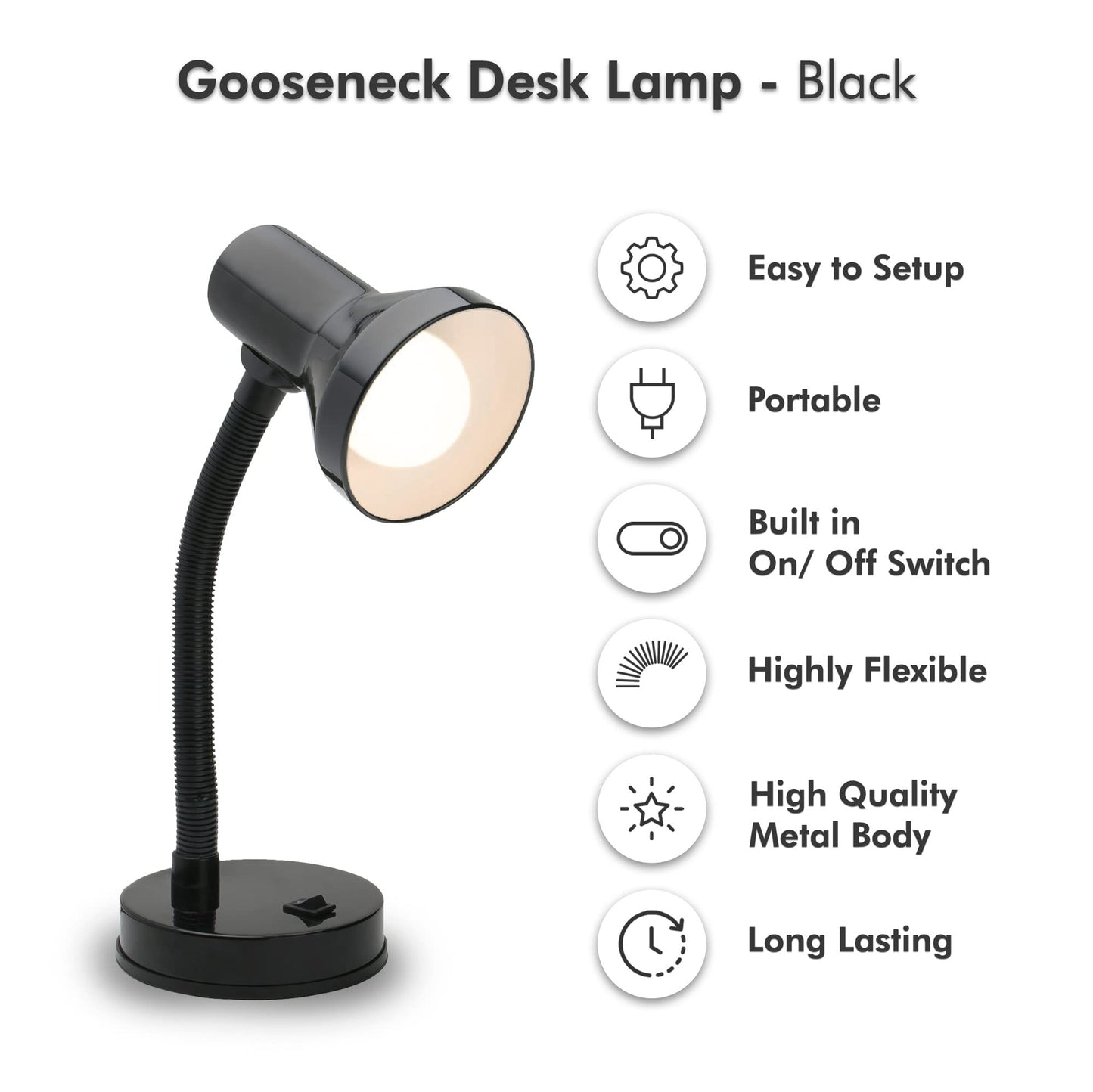 Xtricity LED Desk Light, 360° Adjustable Gooseneck, Home and Office Lamp with 7W A19 Bulb, 120V, On/Off Switch, 14” Height - Reading Lamps for Bedside Table, College Dorm (Black Finish)