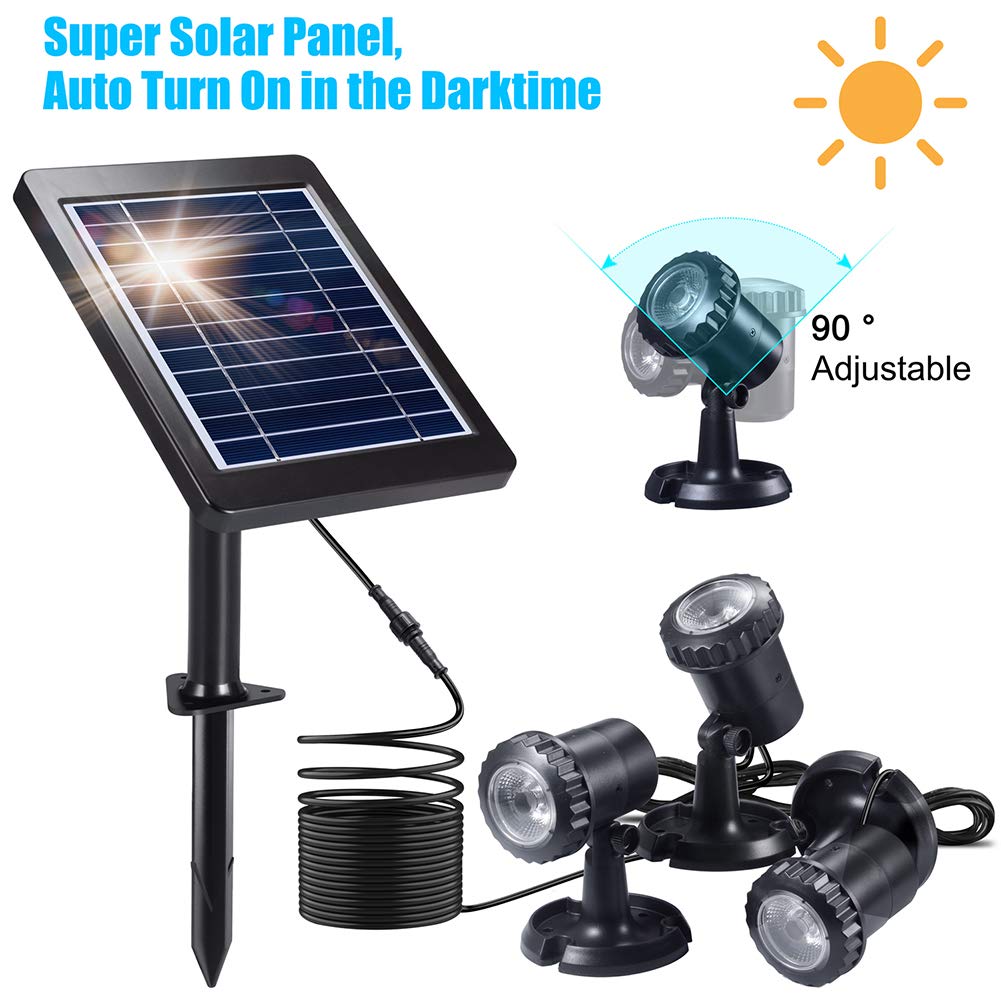 PChero Submersible Solar Pond Light, RGB LED Landscape Spotlights IP68 Underwater Night Lights for Fountain Pool Waterfall Fish Tank Aquarium Garden Outdoor, 3 Led Lamps and Solar Panel Included