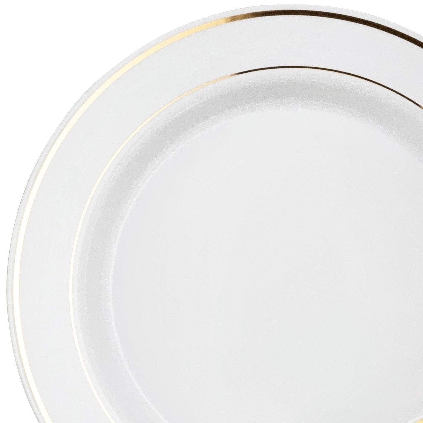 OCCASIONS 50 Plates Pack (25 Guests)-Heavyweight Wedding Party Disposable Plastic Plate Set -25 x 10.5 inch Dinner + 25 x 7.5 inch Salad/Dessert plates (White & Gold Rim)