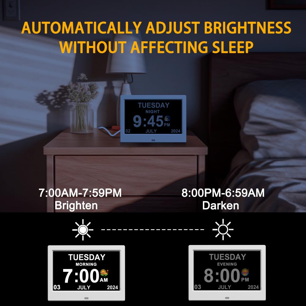 Alarm Clock with Day and Date for Elderly Digital Calendar Clock Photo Frame- Auto Dimmable Display 15 Alarm Options (7inch White)