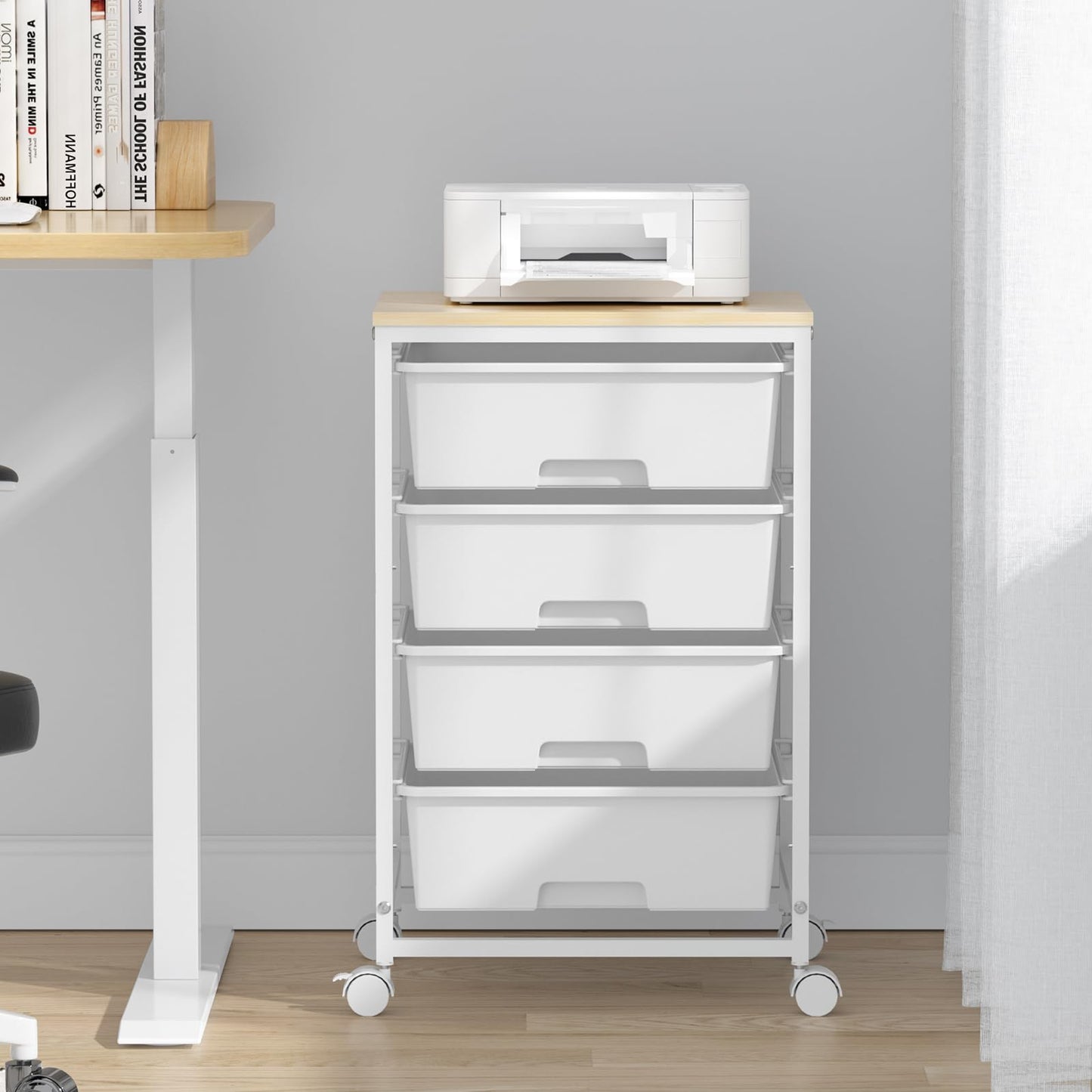 SYKIARIOL Utility Cart with 4 Drawers,Rolling Storage Cart with Drawers,Storage Rolling Drawer Cart with Wooden Tabletop for Bedroom,Kid's Room,Dorm,Classroom,Office,Bright White