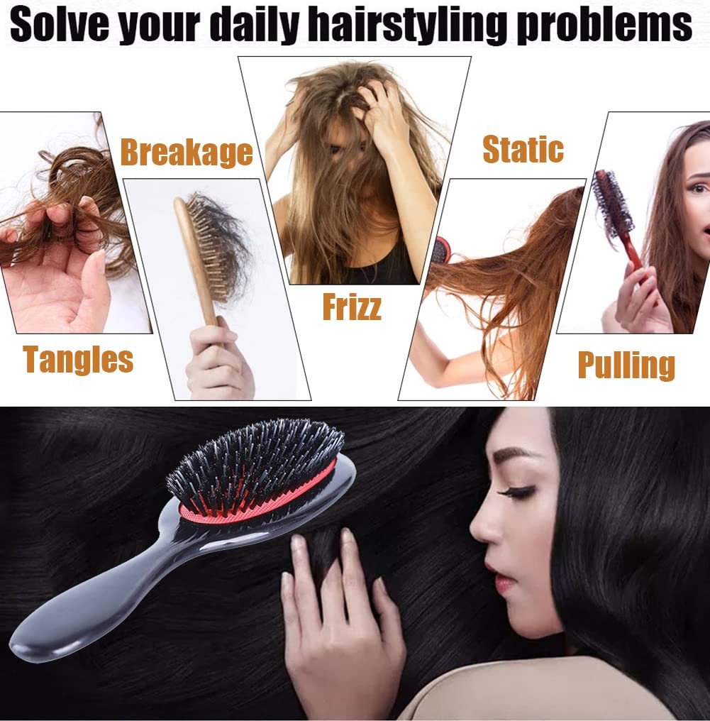 Boar Bristle Detangling Paddle Hair Brush for Curly Fine Straight Natural Tangled Hair, Anti-frizz Boar Nylon Mixed Bristle Styling Hairbrush for Women Men