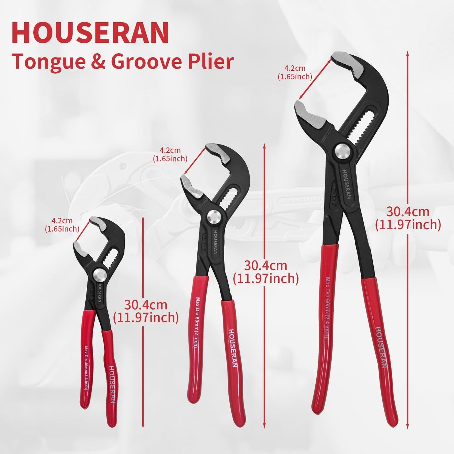 HOUSERAN 3 Piece Water Pump Pliers Set, Slip Joint Pliers, 12/10/7 Inch, Groove Joint Pliers, Wrench Pliers with Red Grips, CRV Tongue and Groove Pliers for Gripping, Nuts, Bolts, Pipe & Fittings