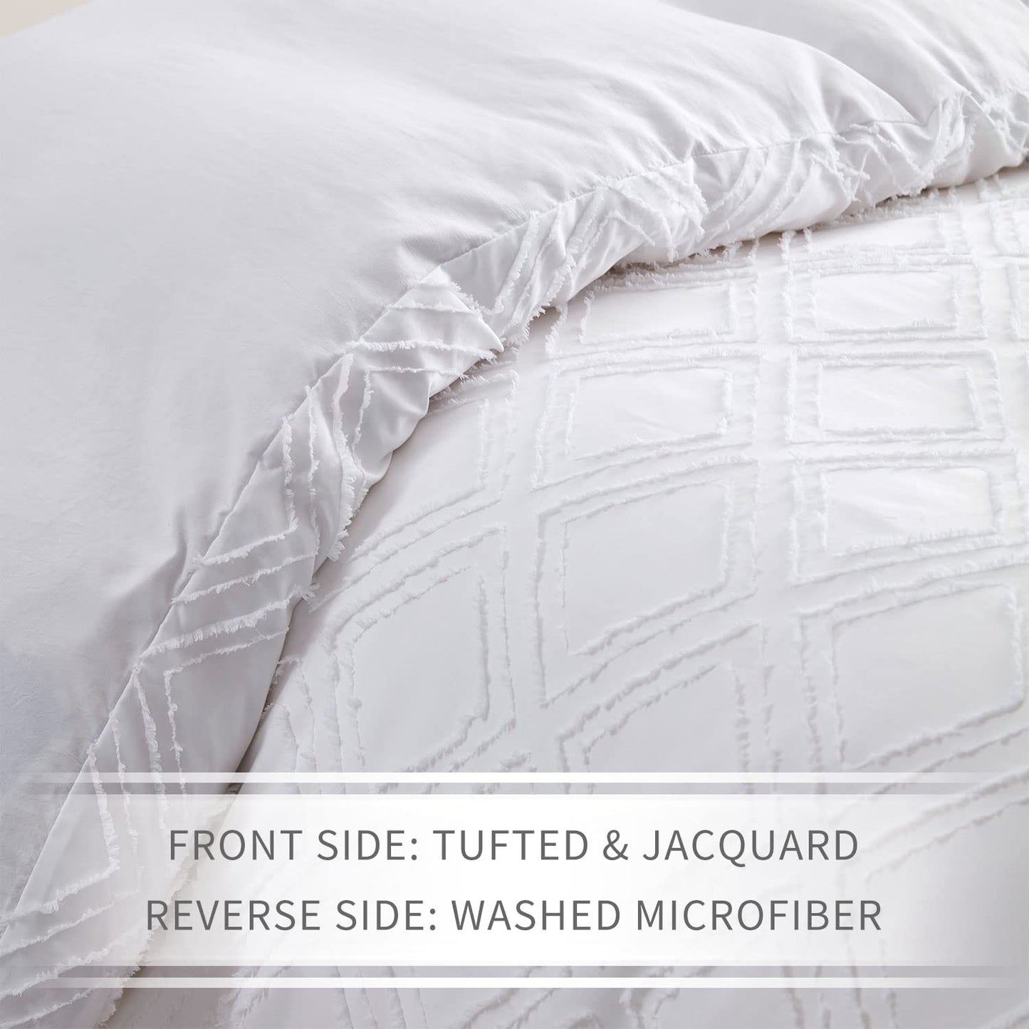 Maple&Stone Queen Duvet Cover Set, 3 Pieces Textured Tufted Boho Bedding Sets Zipper Closure Design with Ties, 1 Duvet Cover + 2 Pillow Shams, Comforter NOT Included (White, Queen Size)