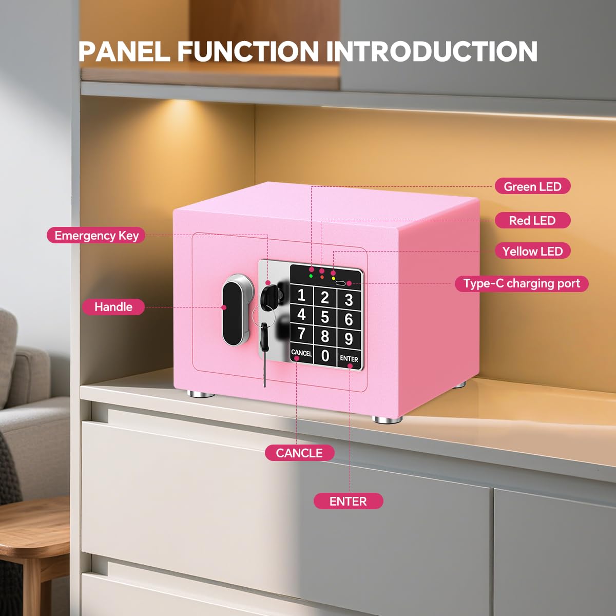 Small Home Safe, 6.7”D x 9”W x 6.7”H, Electronic Keypad Lock Security Box for Cash, Jewelry, Passport, Hidden Safe for Closet, College Dorm Room, Pink