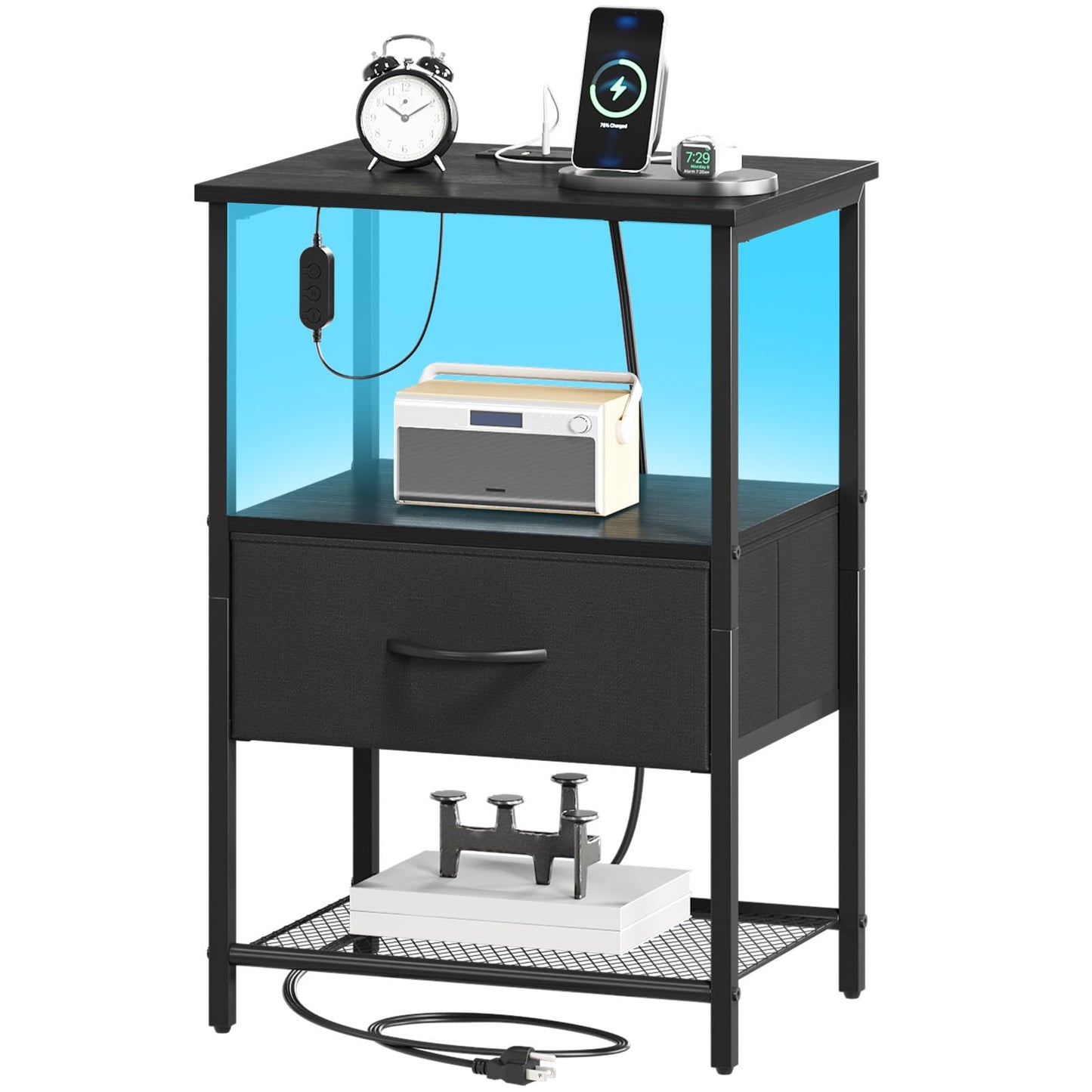 Somdot Nightstands with Charging Station, Bedside Table with LED Light for Bedroom, End Table with Drawer for Bedside, Closet Entryway Hallway, Black
