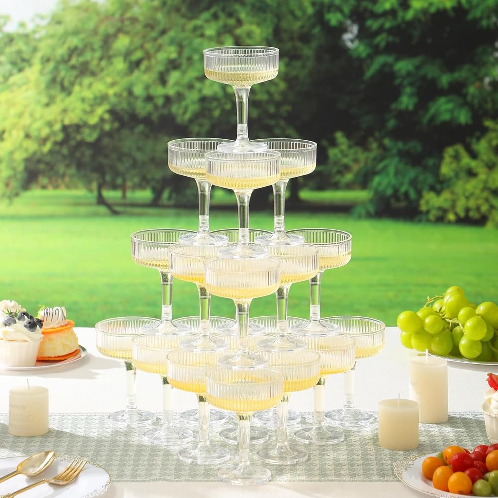 20 Pack Champagne Tower,7 oz Clear Plastic Champagne Coupe Glasses,Stackable Ribbed Martini Glasses, Unbreakable Acrylic Cocktail Coupe Cups for Weddings, Celebrations, Parties & Birthdays