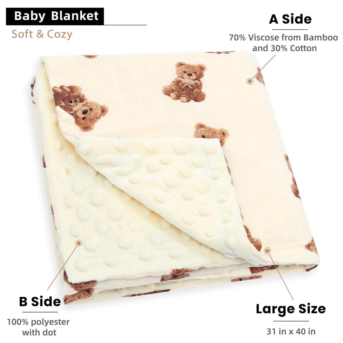 LifeTree Baby Girl & Boy Blankets, Soft Double Layer Swaddle Blankets, Muslin Front and Dotted Fleece Backing Receiving Bed Throw Blanket for Newborn Unisex, 31X40 Inches, Bear Pattern