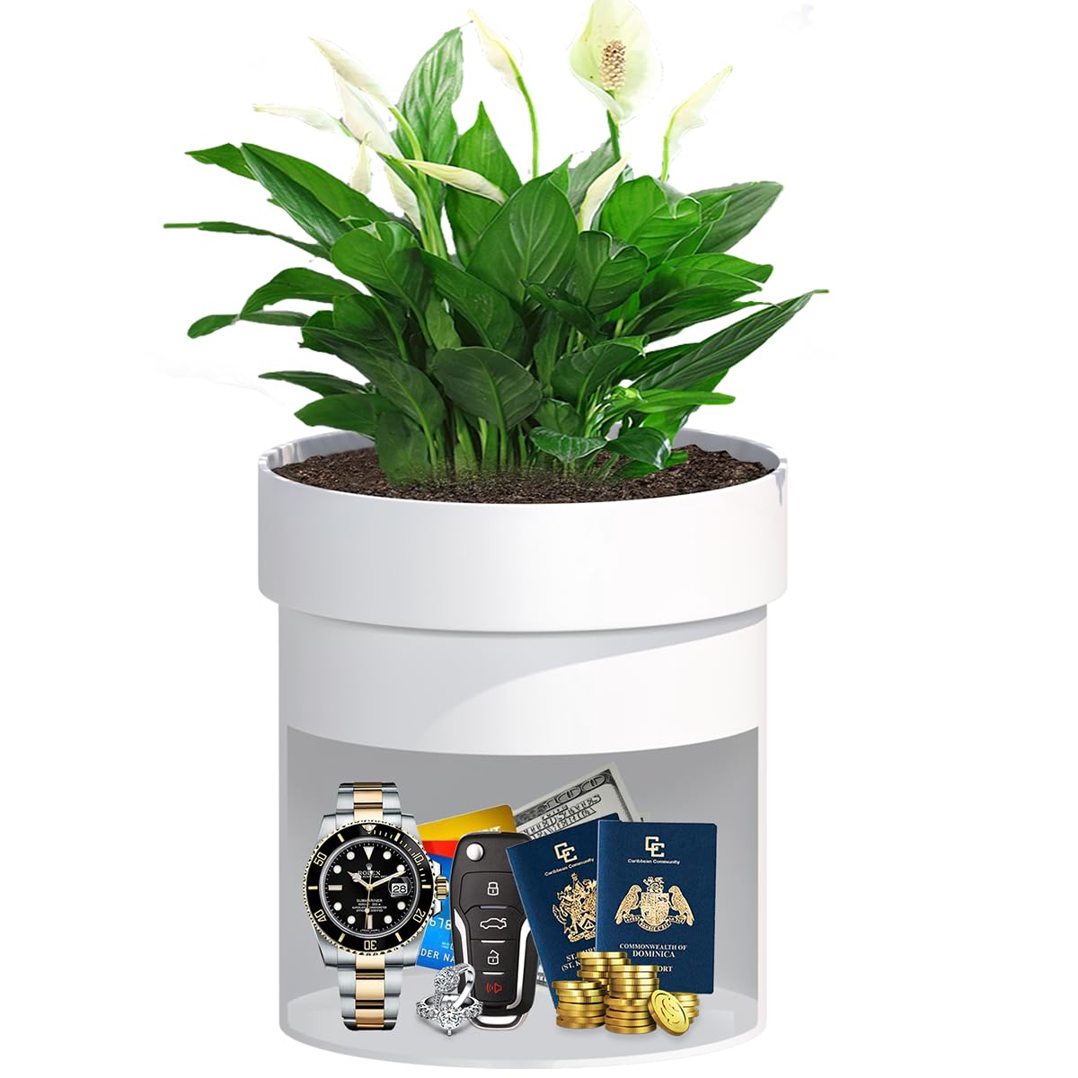 Sdstone Fireresistant Waterproof Flower Pot Diversion Safe with Lock,Stainless Steel Secret Hidden Safe,Perfect for Hiding The Valuables Inside Flower Pot False Bottom(White)