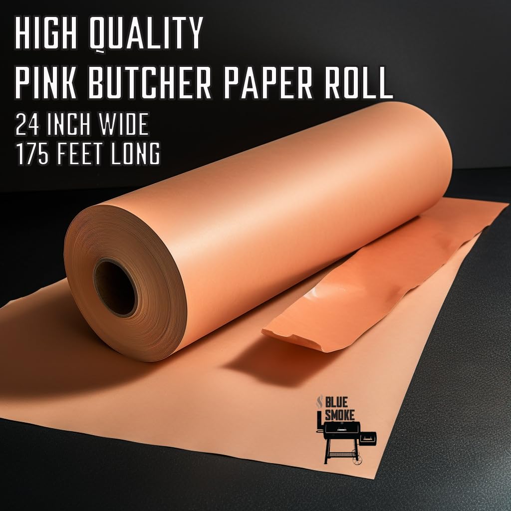 Blue Smoke Extra Wide Pink Butcher Paper Roll (24 inch x 175 feet), Unwaxed, Uncoated, Food Grade Kraft Paper Roll, Craft Paper roll, for Smoking Meat, Peach Butcher Paper, Wrapping Paper, BBQ Paper