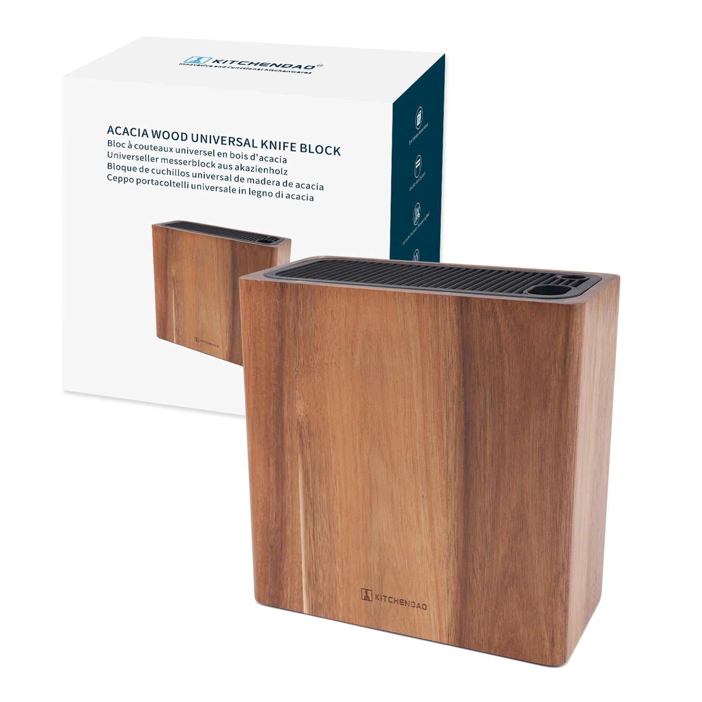 KITCHENDAO XL Acacia Wood Universal Knife Block Holder with Slots for Scissors and Sharpening Rod, Safe, Space Saver Knives Storage Stand Display Without Knives, Unique Slot Design to Protect Blade