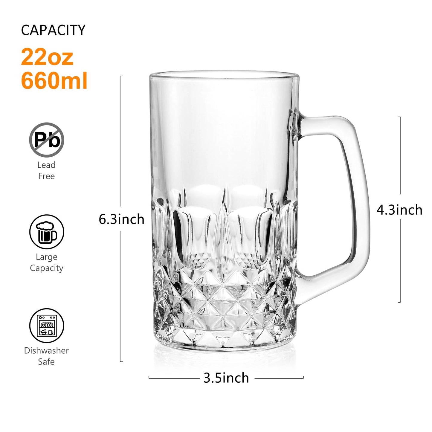 Whisquor Beer Mug Set of 4, 22oz Large Heavy Glass Beer Mugs with Handle, Clear Freezer Beer Glasses for Tea, Coffee, Best Gifts for Husband or Friend