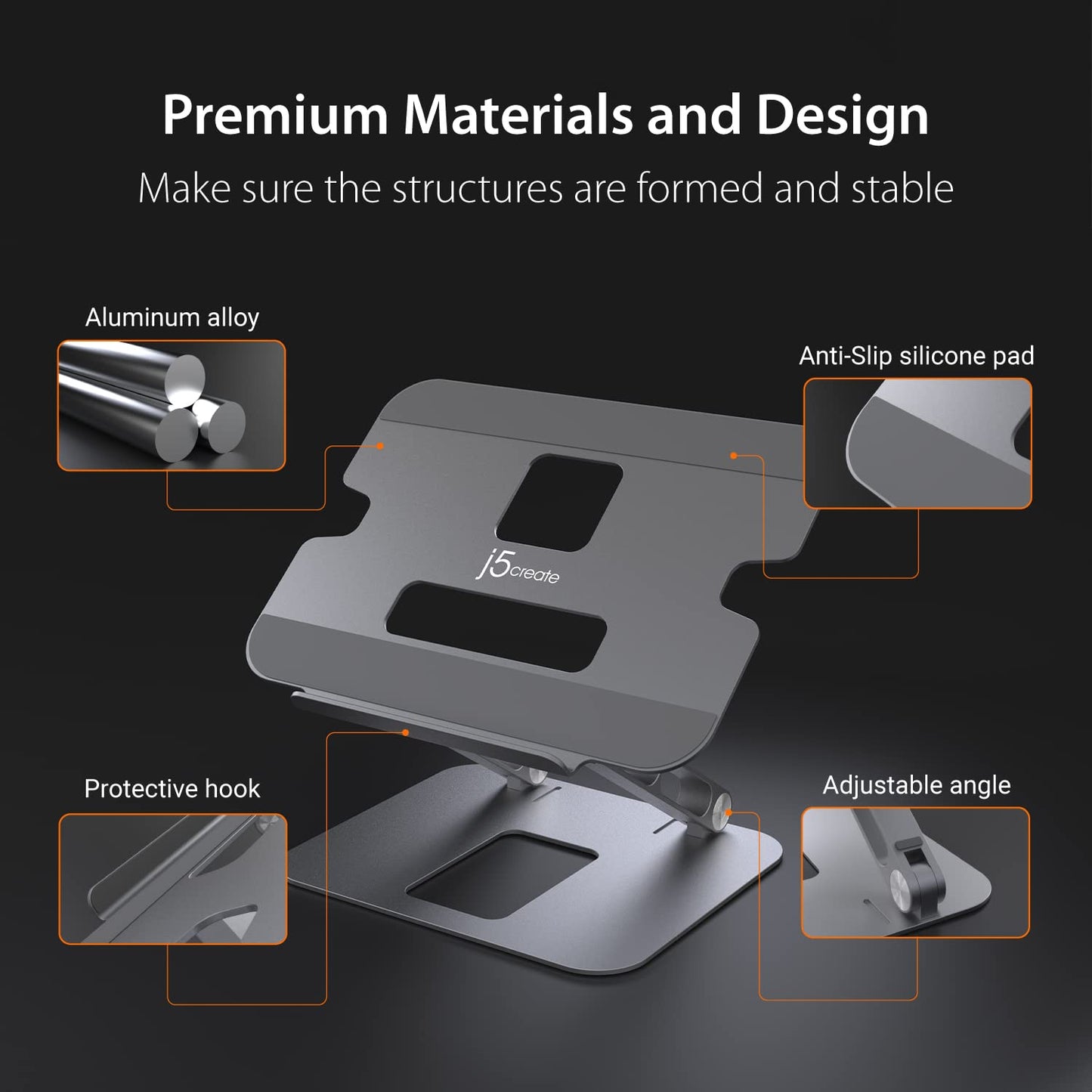 j5create Multi-Angle Aluminum Laptop Stand, Ergonomic Notebook Riser, Suitable for MacBook, Dell, HP, Lenovo, Fits Most laptops up to 16" (JTS127)