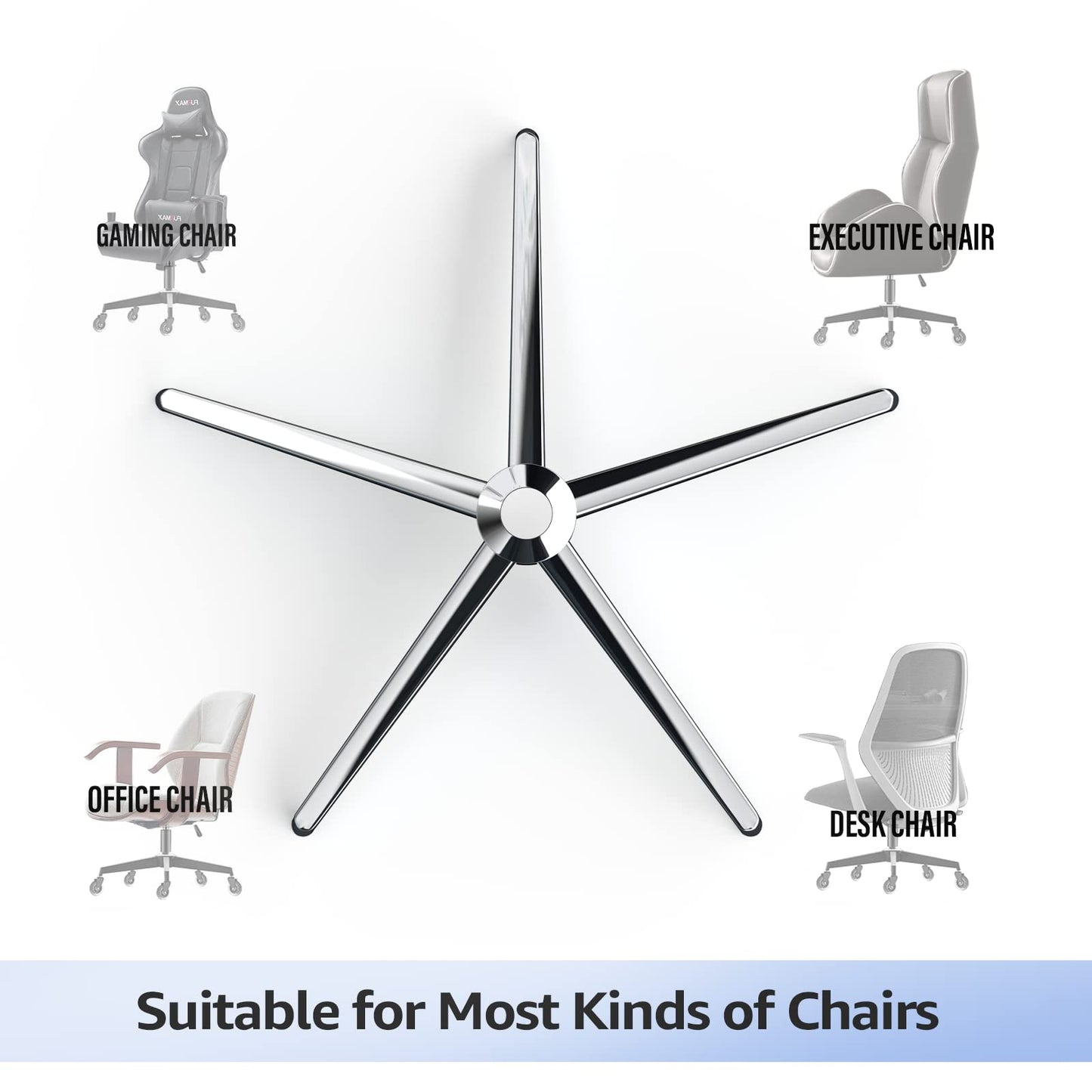 Mastery Mart Office Chair Base Replacement Heavy Duty, Metal Desk Chair Base Replacement Parts with Universal Gas Cylinder Hole and Casters Sockets, 2400+Lbs, Diameter 28", Silver