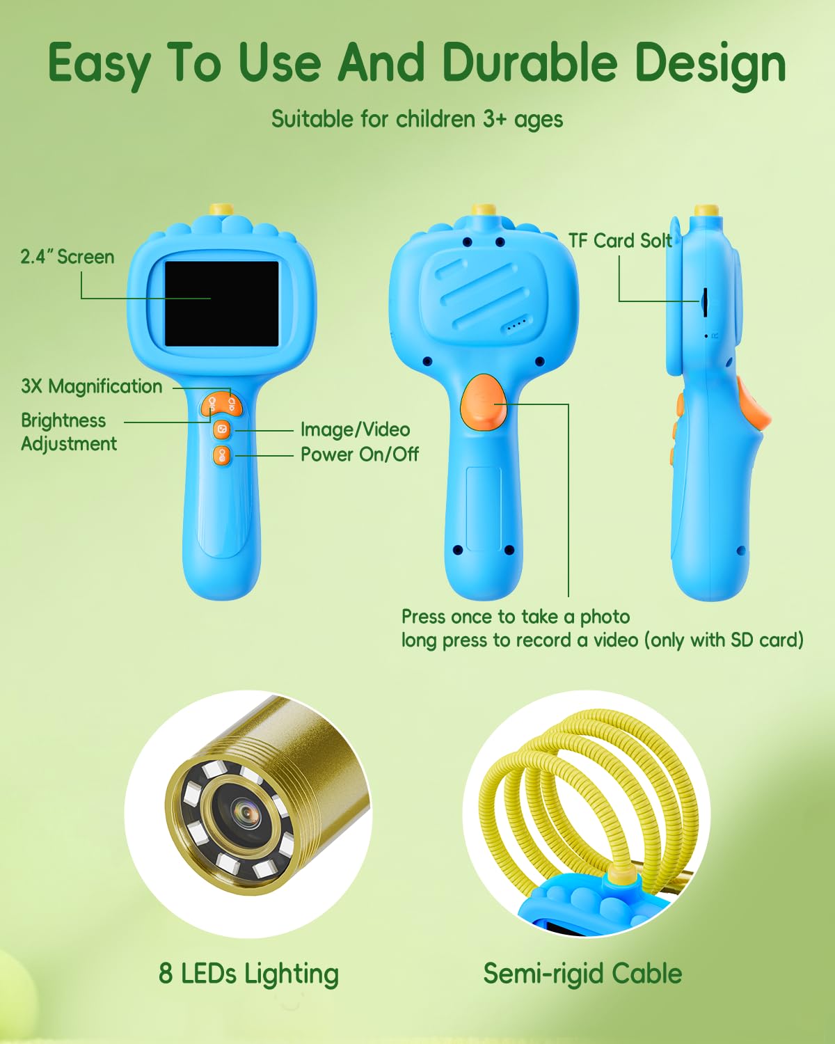 Borescope Snake Camera with Light for Kids, Outdoor Educational STEM Toys, Science Gifts for 5 Year Old Boy, Camping Nature Activities, Best Birthday Gift for Boys, Girls Ages 5,6,7,8,9 Blue