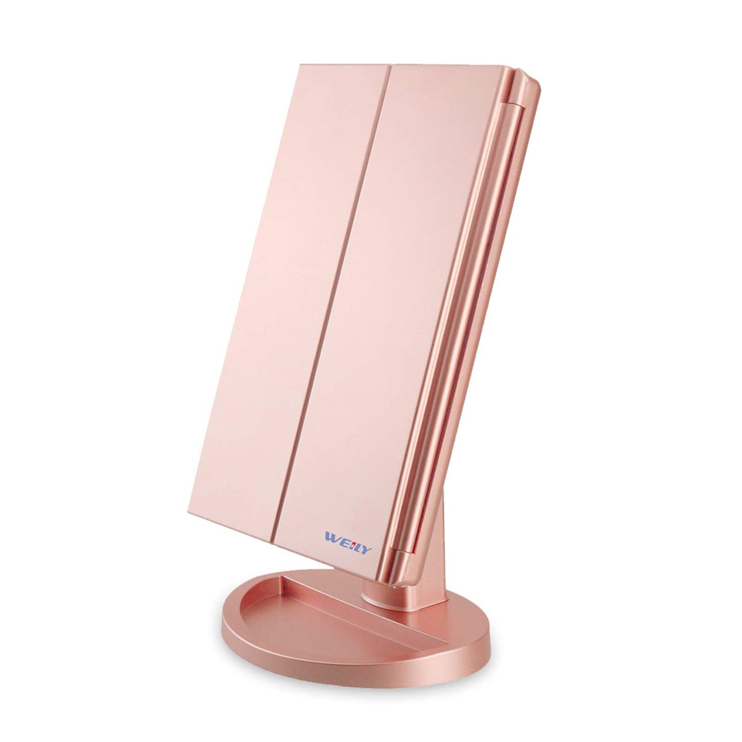 WEILY Vanity Makeup Mirror,1x/2x/3x Tri-Fold Makeup Mirror with 21 LED Lights and Adjustable Touch Screen Lighted Mirror Dressing Mirrors for Women (Rose Gold)