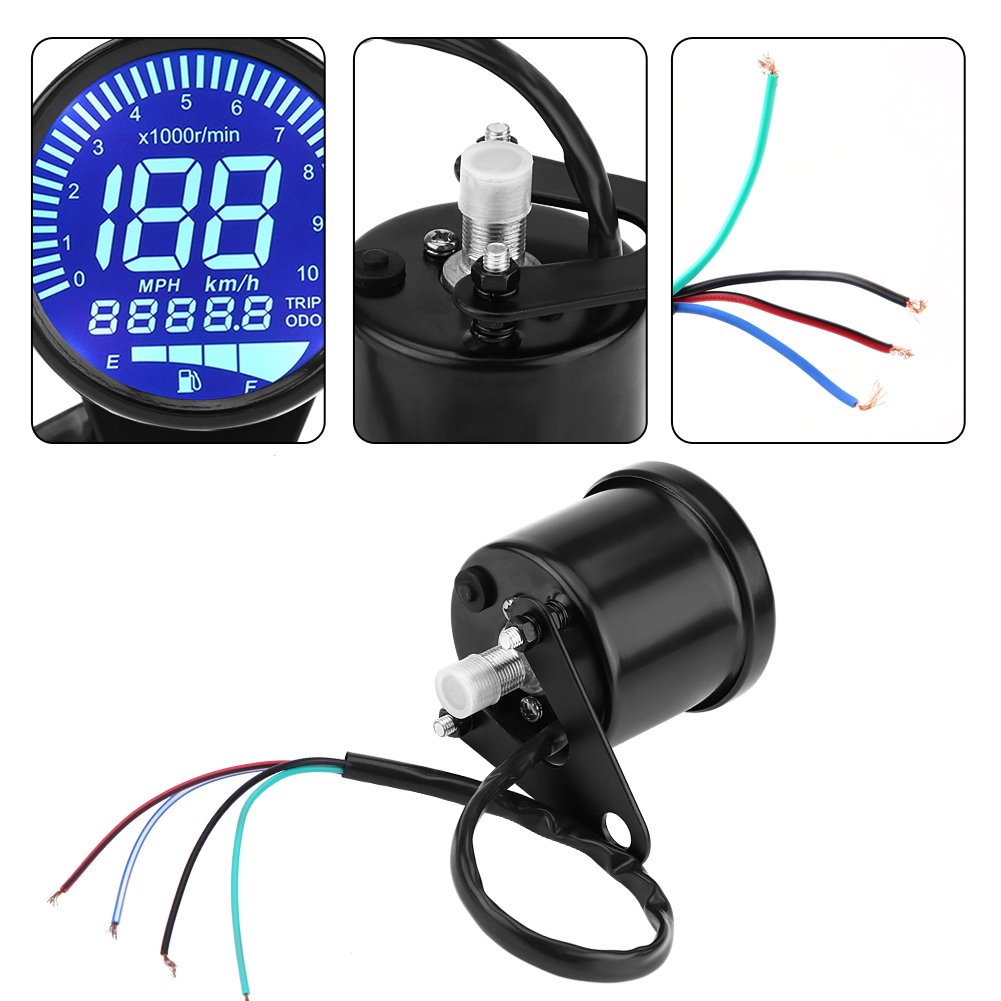 Universal Motorcycle Digital Speedometer Gauge, 12V DC with LED Backlight Tachometer Oil Level and Voltmeter Display, Black Housing
