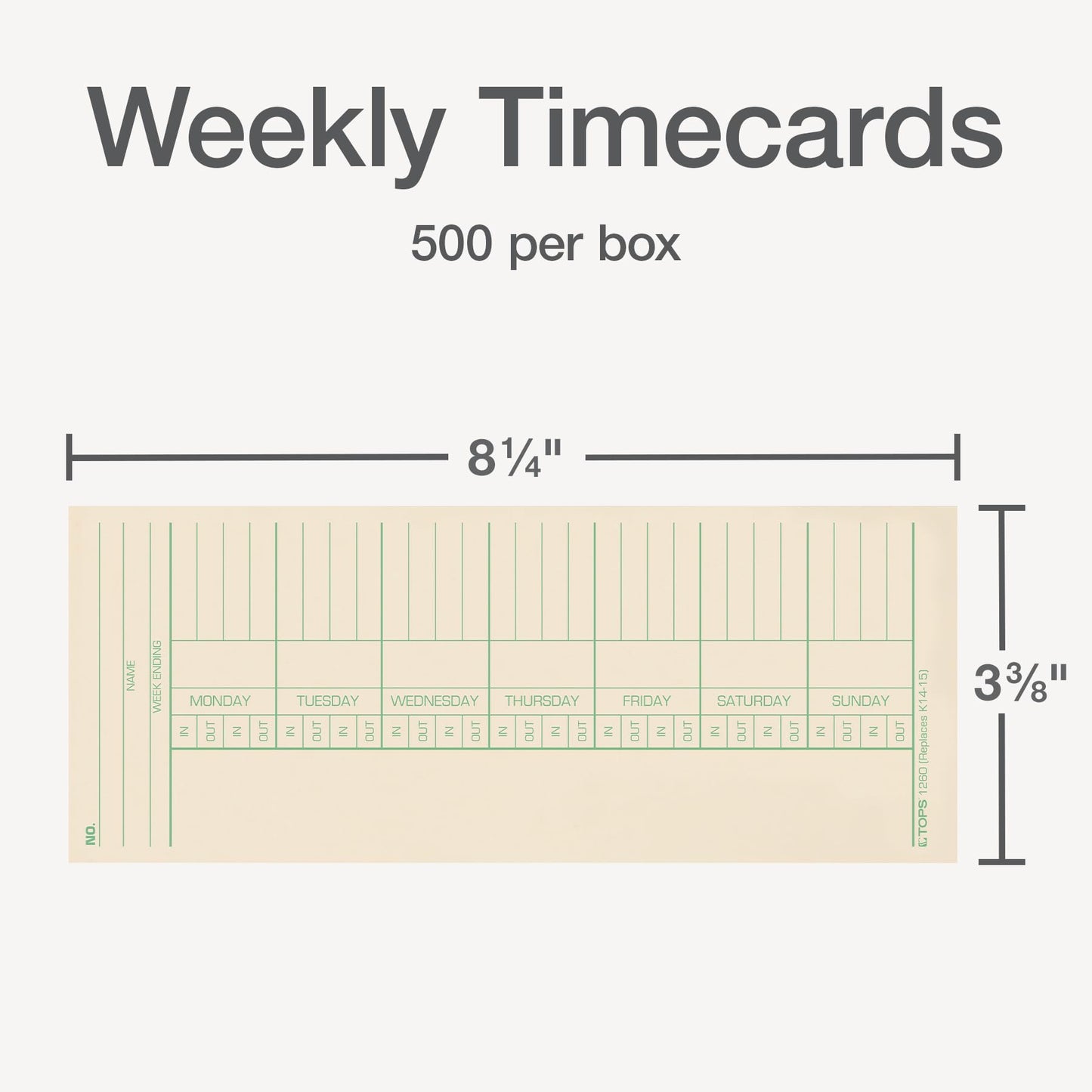 TOPS Weekly Time Cards, Green Ink Front, Red Ink Back, 3.375 x 8.25 Inches, 500-Count, Manila (1260)