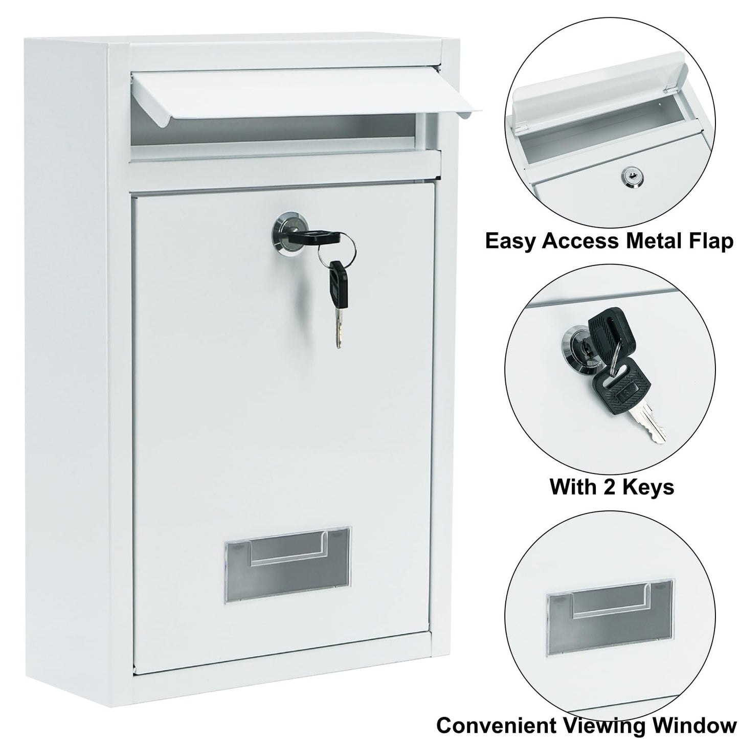 DEAYOU Wall Mount Mailbox with Key Lock, Locking Mail Box for Outside, Steel Cover Metal Dropbox, Security Postbox with Slot for Envelope, Letter, Home, Office, 12.6" H x 8.5" L x 3.3" W, White