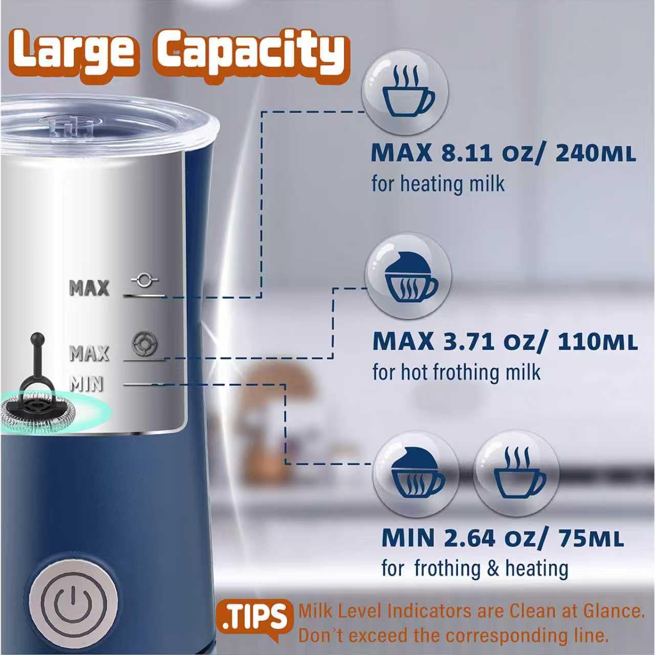 Seydere Simple Milk Frother, 2 in 1 Milk Steamer and Frother, Electric Milk Steamer, Milk Warmer and Hot Milk Foam Maker for Latter, Macchiato, Cappuccinos (Blue)