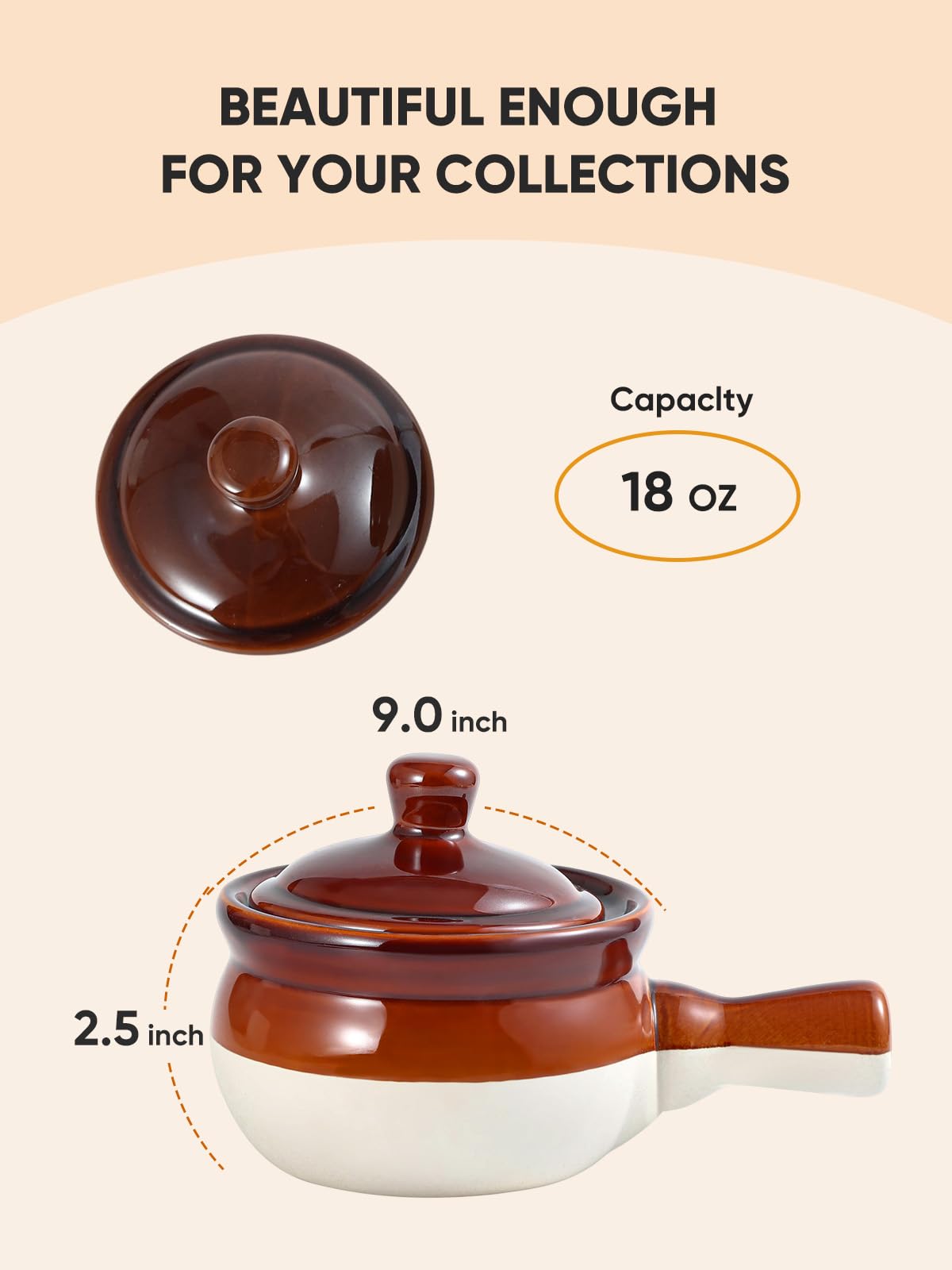 LIFVER French Onion Soup Bowls With Lids - 18 OZ Ceramic Crocks With Handles for Cereal, Chilli, Beef Stew - Oven & Dishwasher Safe, Set of 4